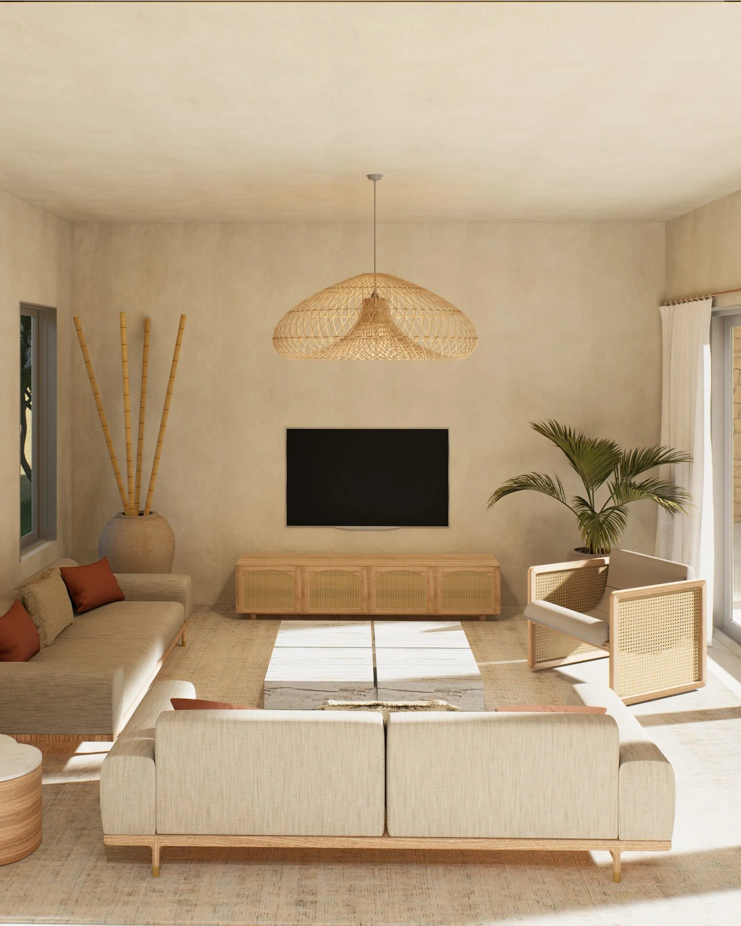 Sweety Land — living room with rattan pendant and cane furniture, tropical villa 3D visualization by Noor Haus Design