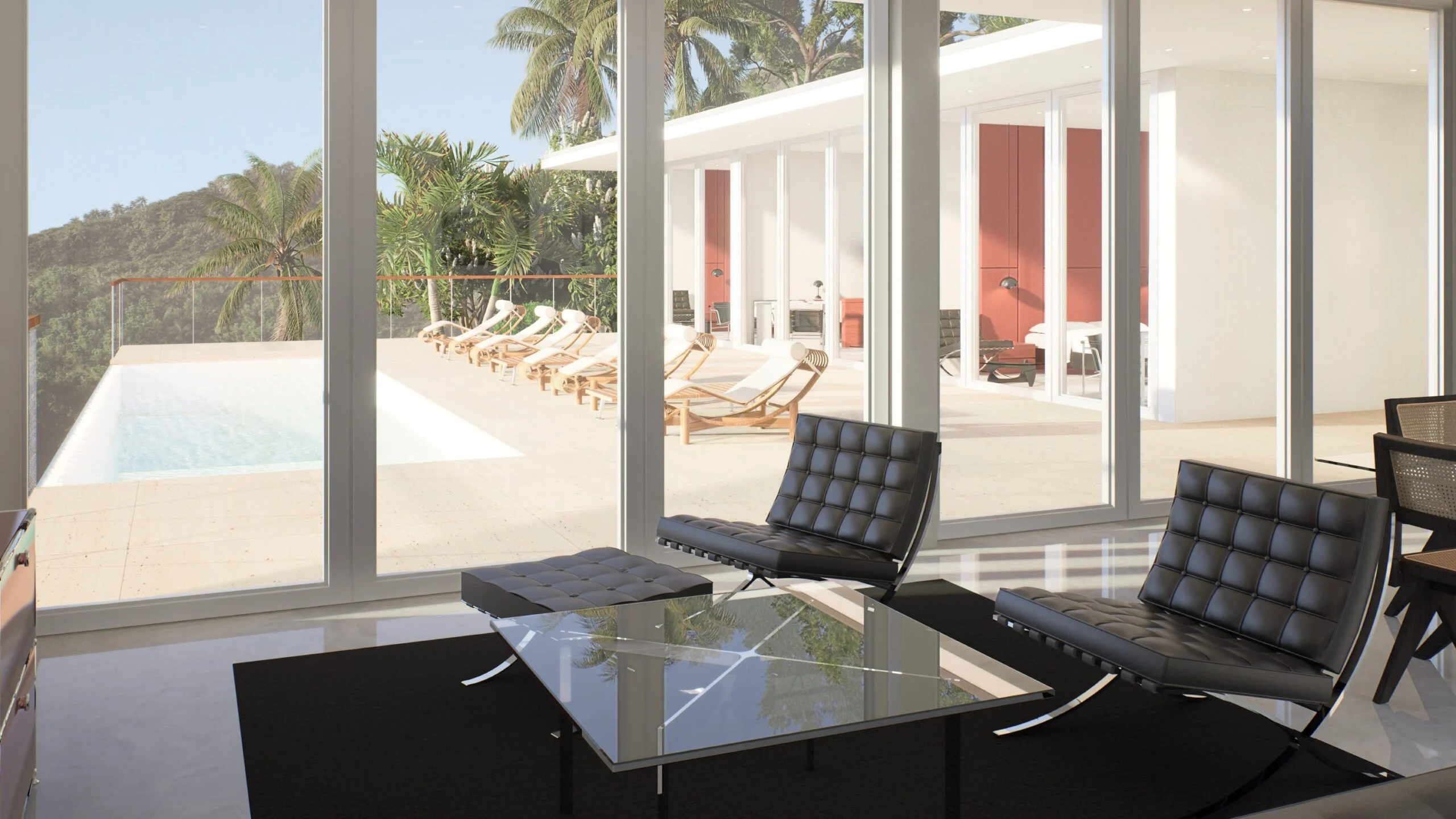 Villa Barcelona — lounge with modernist armchairs facing the pool, modernist villa 3D visualization by Noor Haus Design