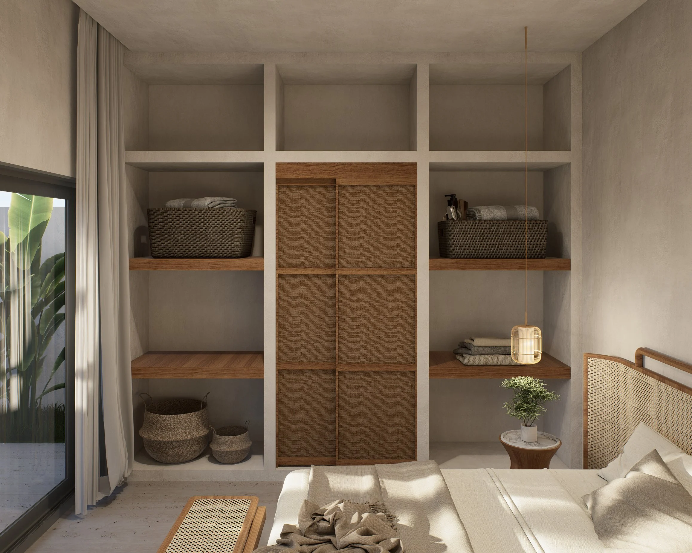 Isaac Palm Residence — dressing area with woven cane wardrobe doors, tropical villa 3D visualization by Noor Haus Design