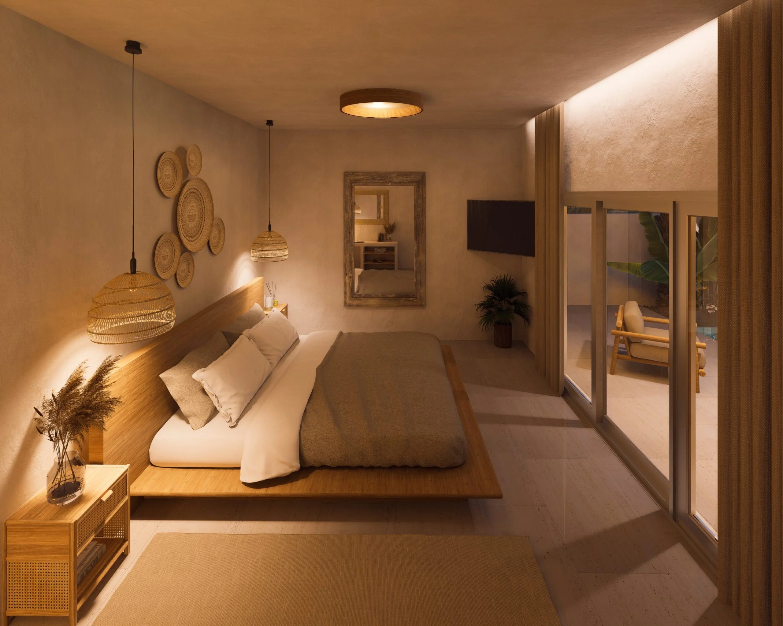 CP Paradise Garden Villas — bedroom with timber headboard and woven pendant lights, tropical villa 3D visualization by Noor Haus Design