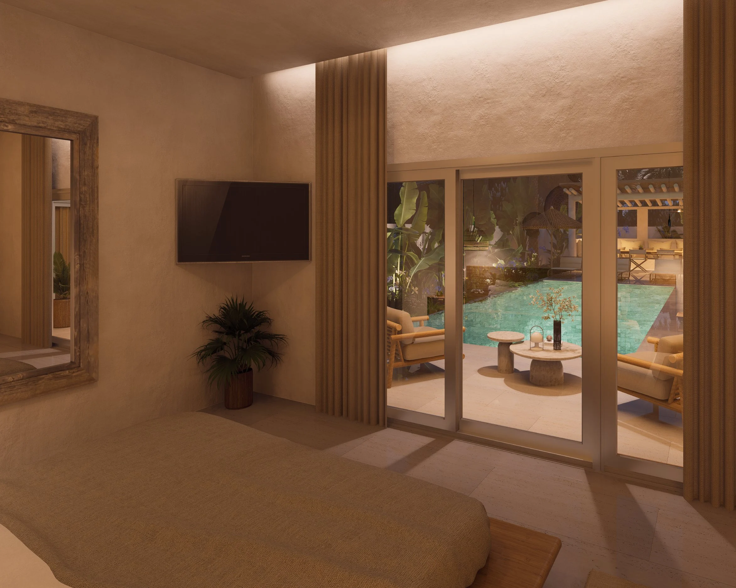 CP Paradise Garden Villas — living room opening onto the pool terrace, tropical villa 3D visualization by Noor Haus Design