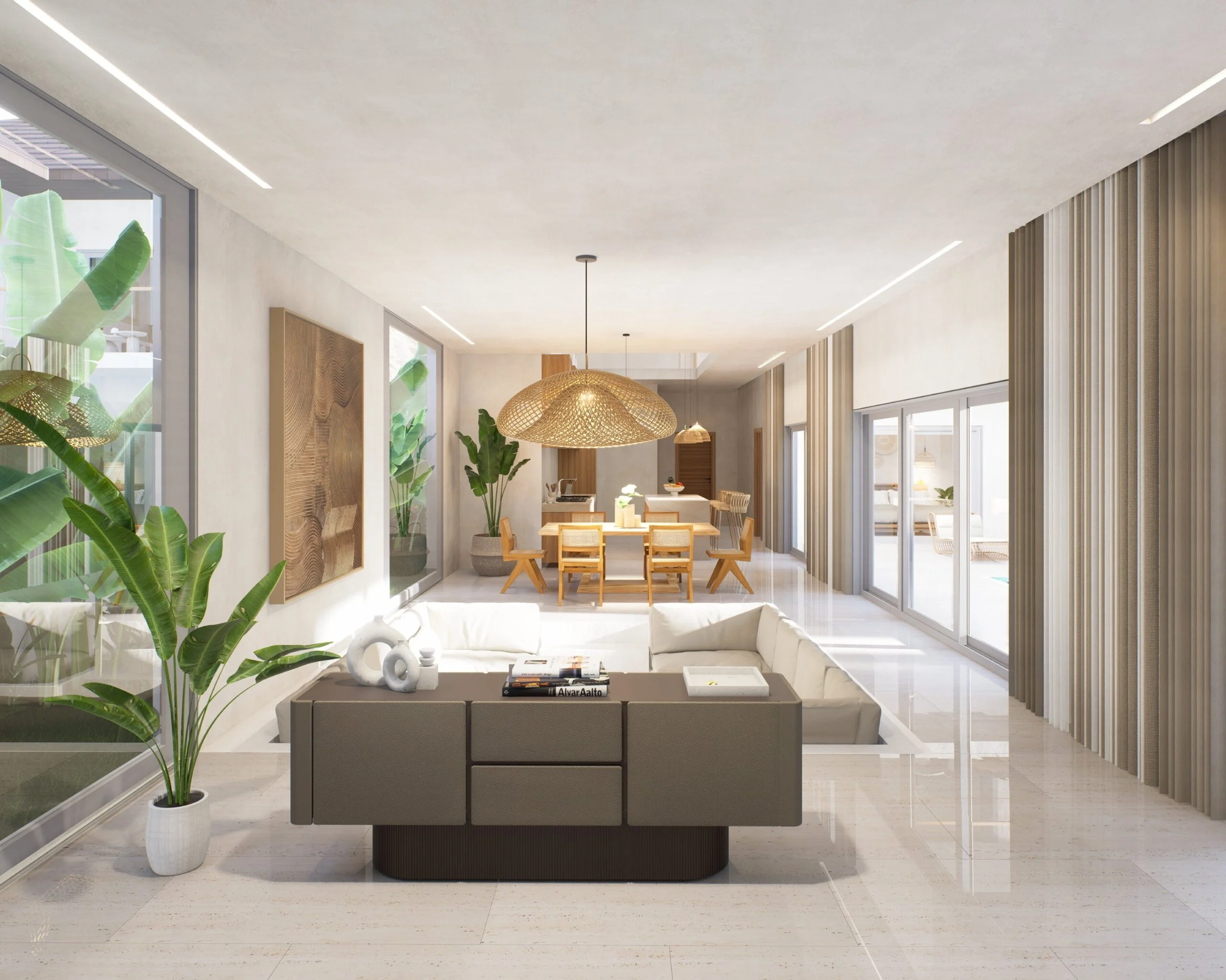 CP Paradise Duplex Villas — open-plan living and dining space with woven pendant light, tropical villa 3D visualization by Noor Haus Design