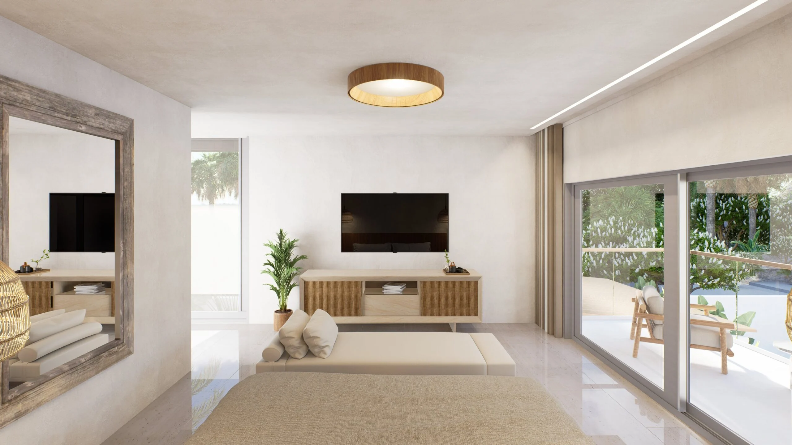 CP Paradise Duplex Villas — living room opening onto the terrace through sliding doors, tropical villa 3D visualization by Noor Haus Design