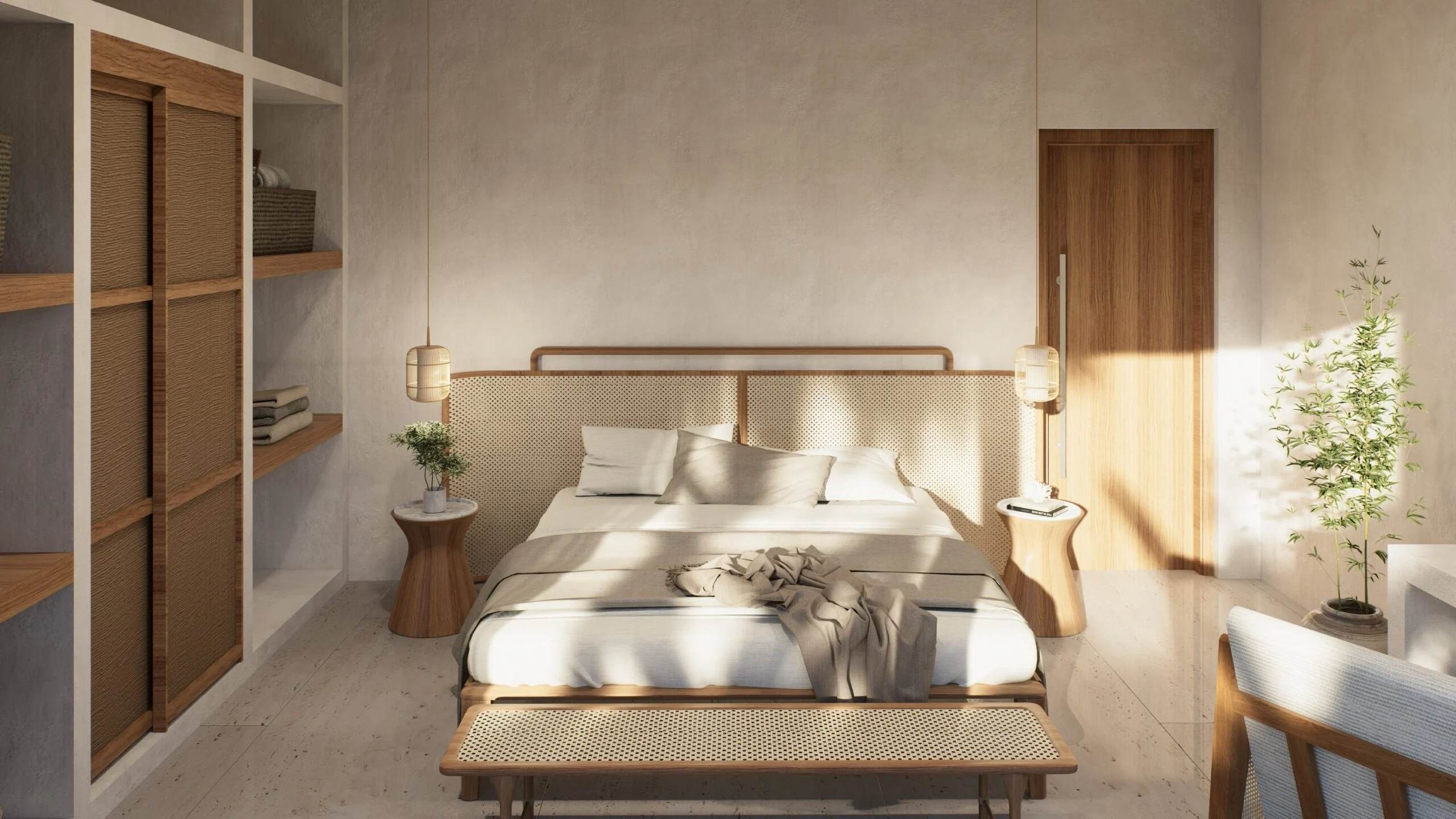 Isaac Palm Residence — bedroom with rattan headboard and timber wardrobes, tropical villa 3D visualization by Noor Haus Design