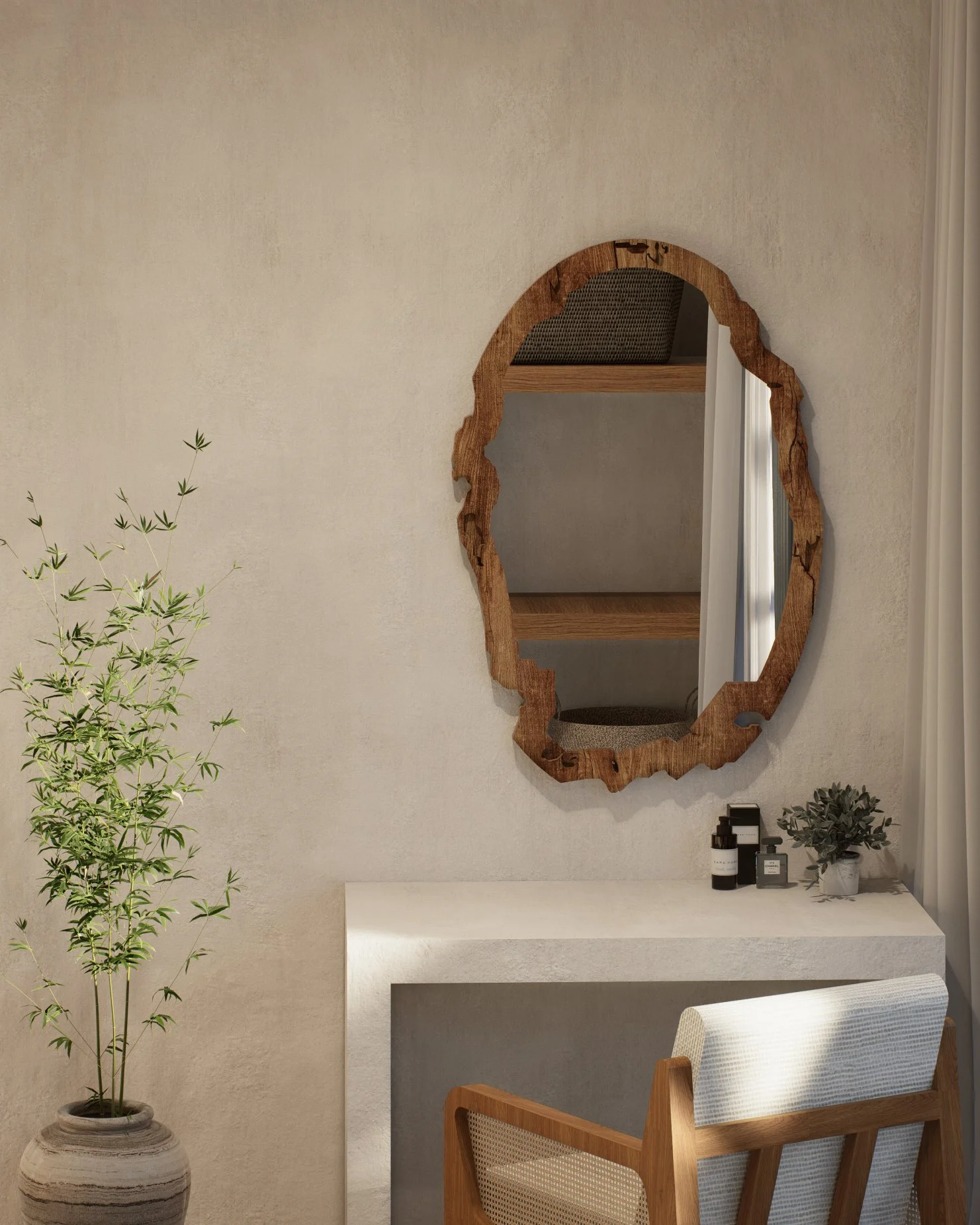 Isaac Palm Residence — hallway with organic-edge timber mirror, tropical villa 3D visualization by Noor Haus Design