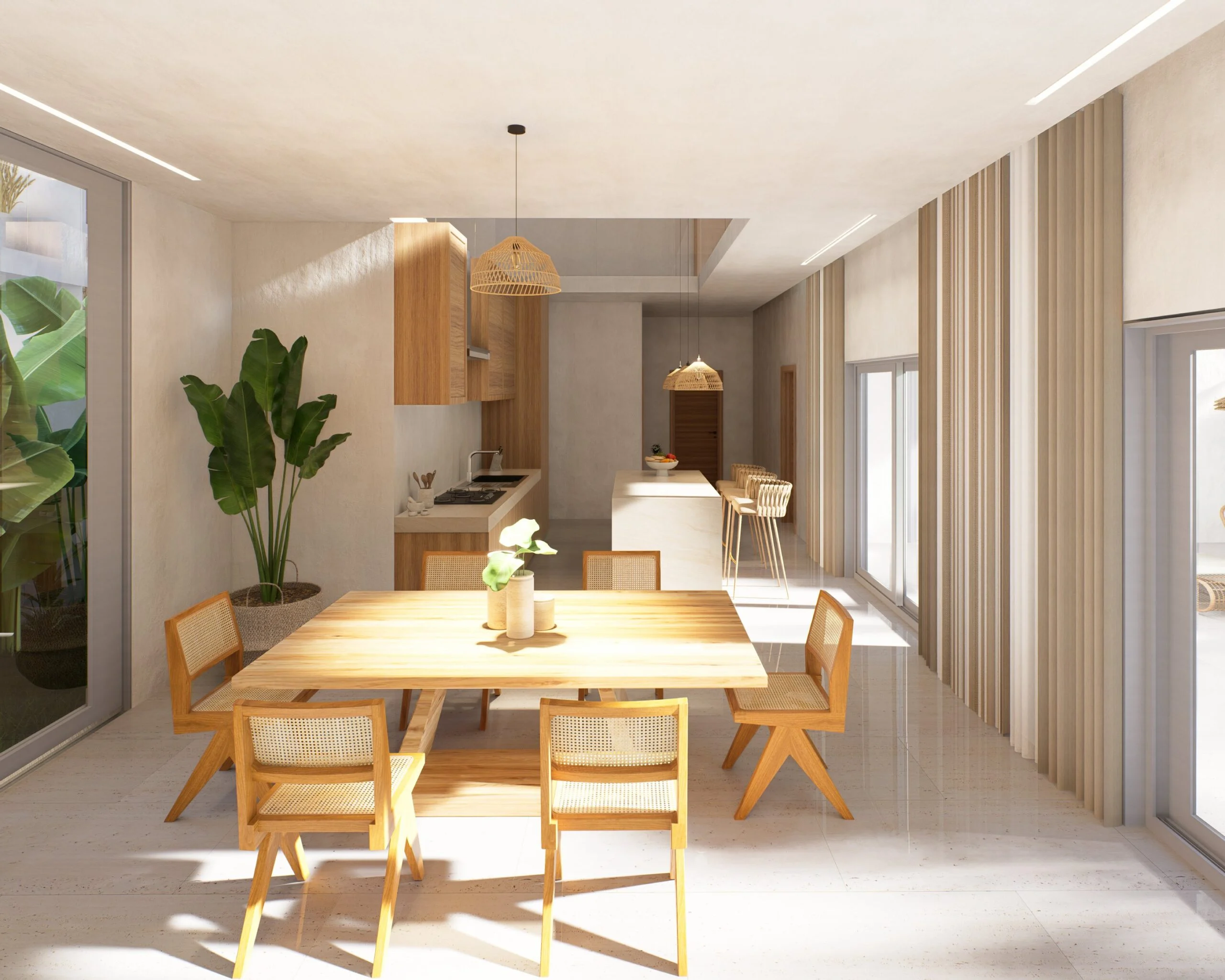 CP Paradise Duplex Villas — dining area with cane chairs beside the kitchen, tropical villa 3D visualization by Noor Haus Design
