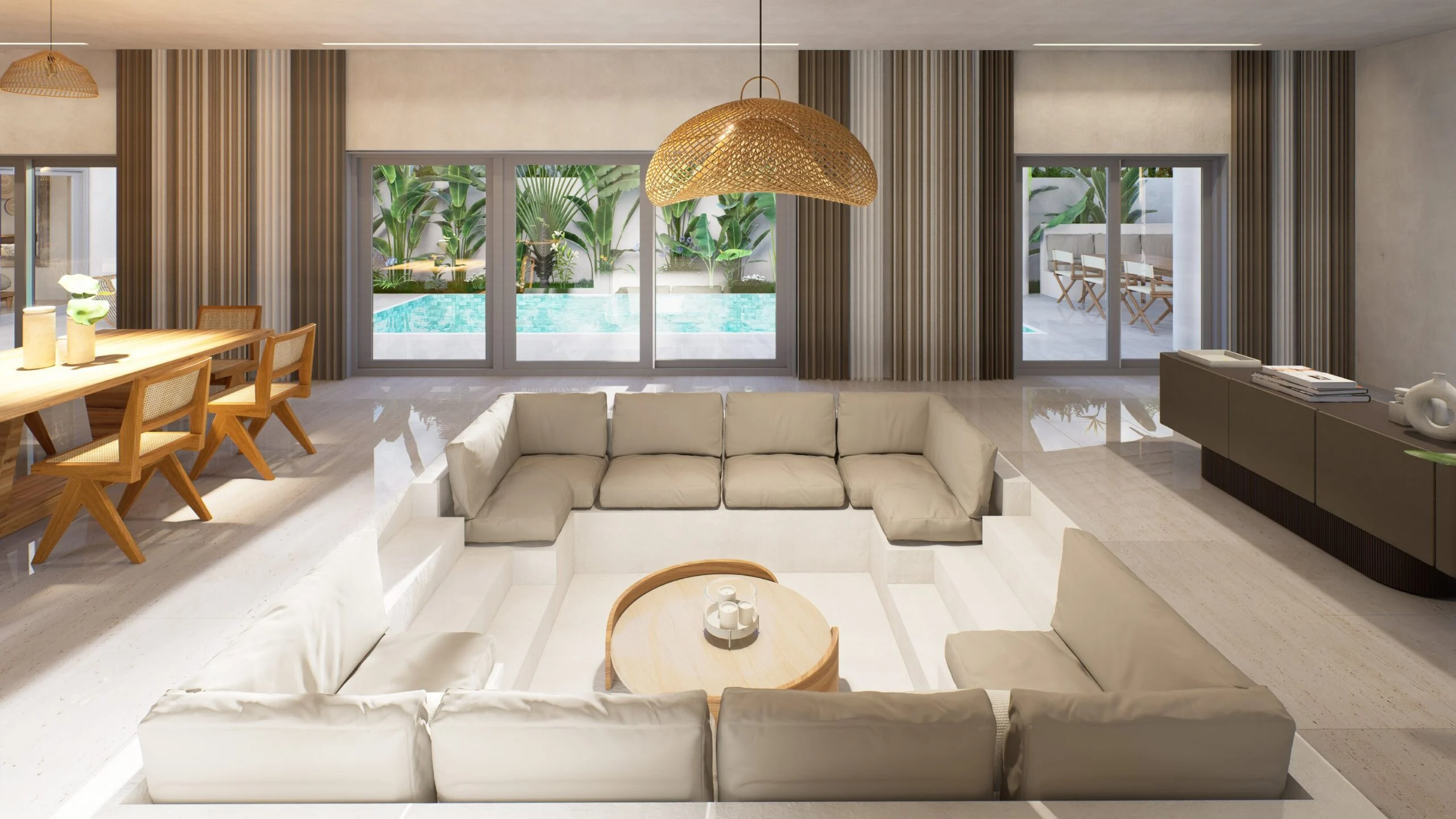 CP Paradise Duplex Villas — living and dining space overlooking the pool, tropical villa 3D visualization by Noor Haus Design