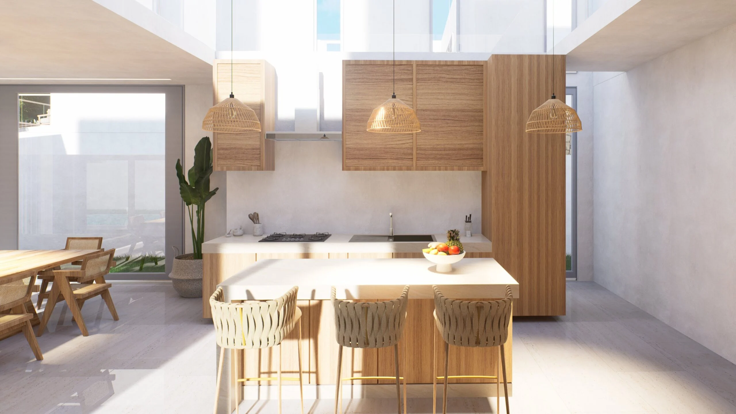 CP Paradise Duplex Villas — kitchen with island, rattan pendants and dining area, tropical villa 3D visualization by Noor Haus Design