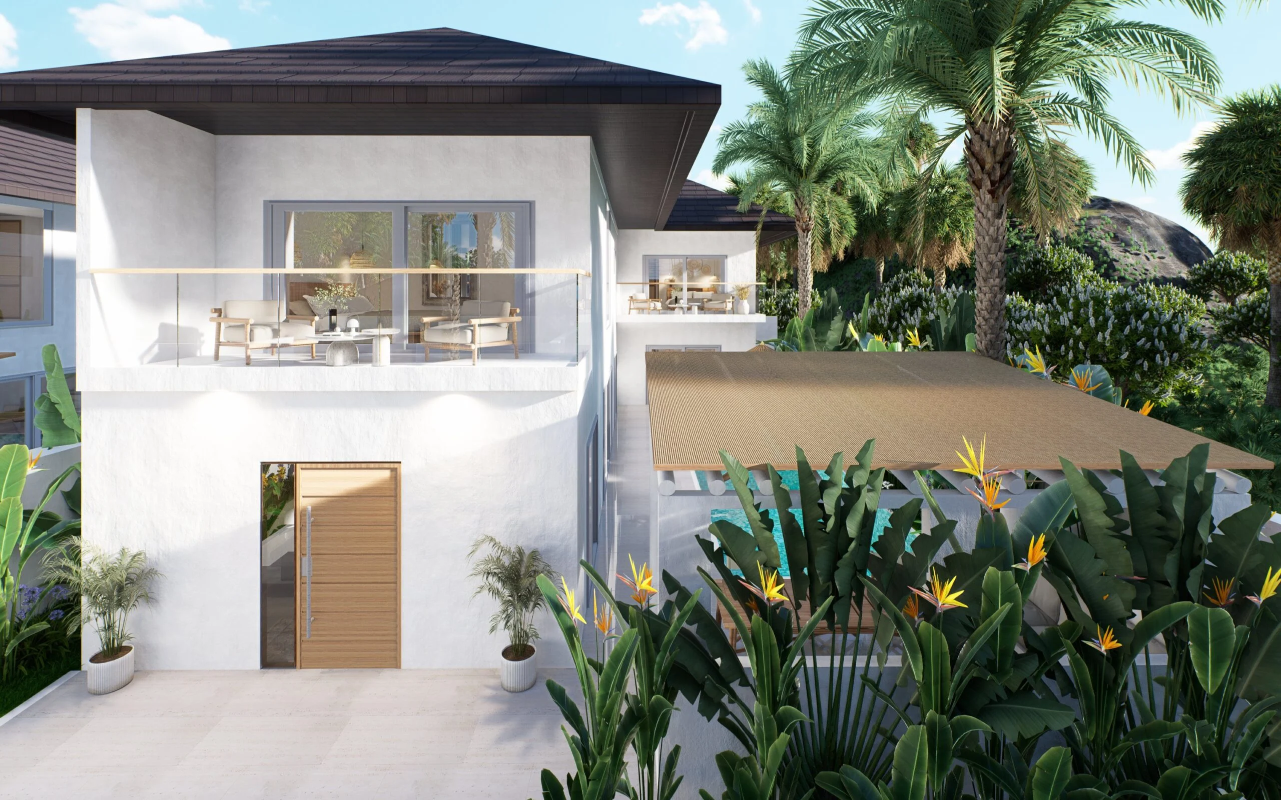 CP Paradise Duplex Villas — duplex villa exterior with balcony and tropical garden, tropical villa 3D visualization by Noor Haus Design