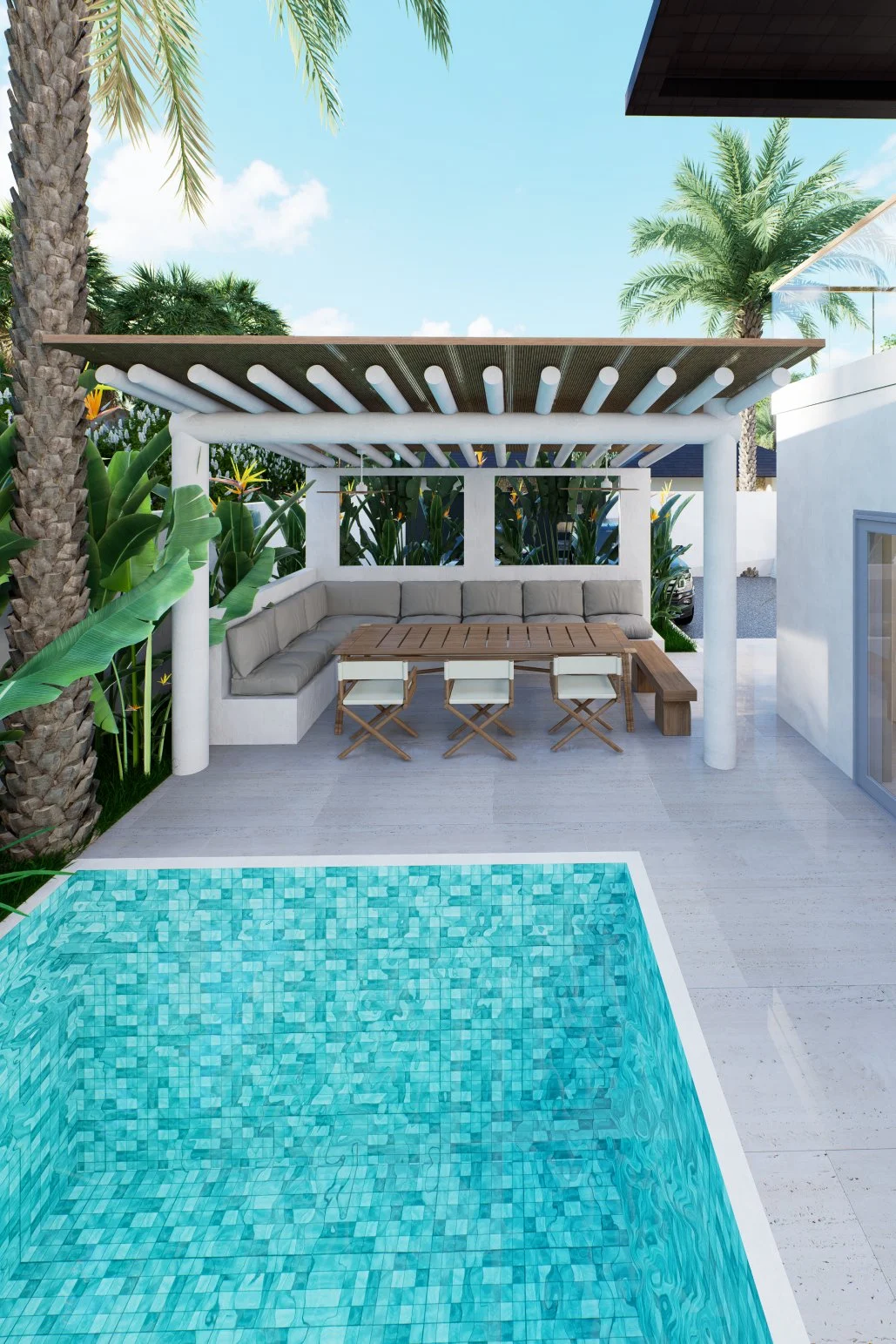 CP Paradise Duplex Villas — poolside dining terrace with built-in bench seating, tropical villa 3D visualization by Noor Haus Design