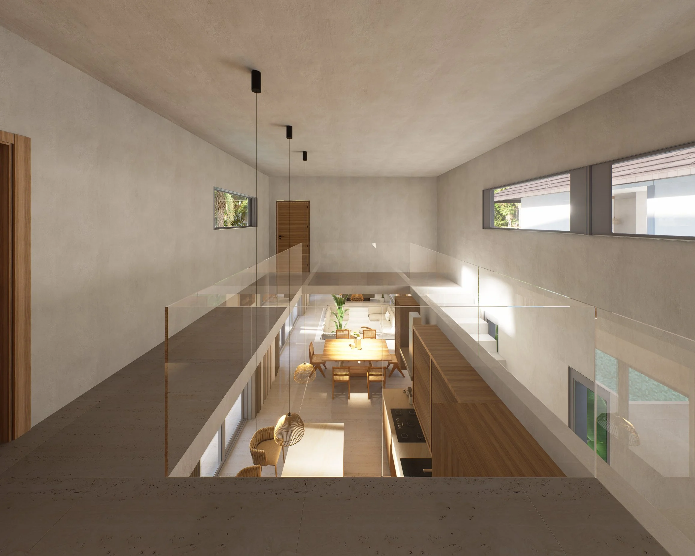 CP Paradise Duplex Villas — double-height living space seen from the upper level, tropical villa 3D visualization by Noor Haus Design