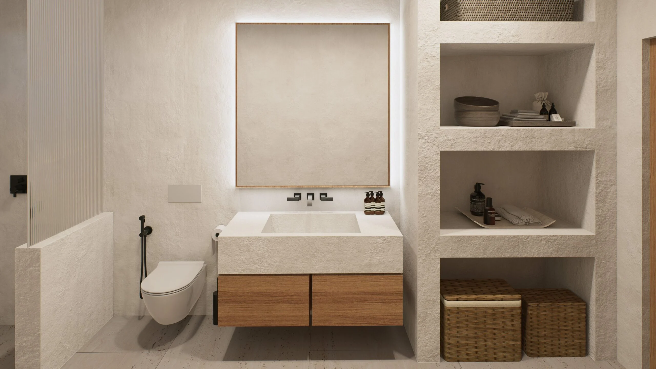 Isaac Palm Residence — bathroom with plaster niches and timber vanity, tropical villa 3D visualization by Noor Haus Design