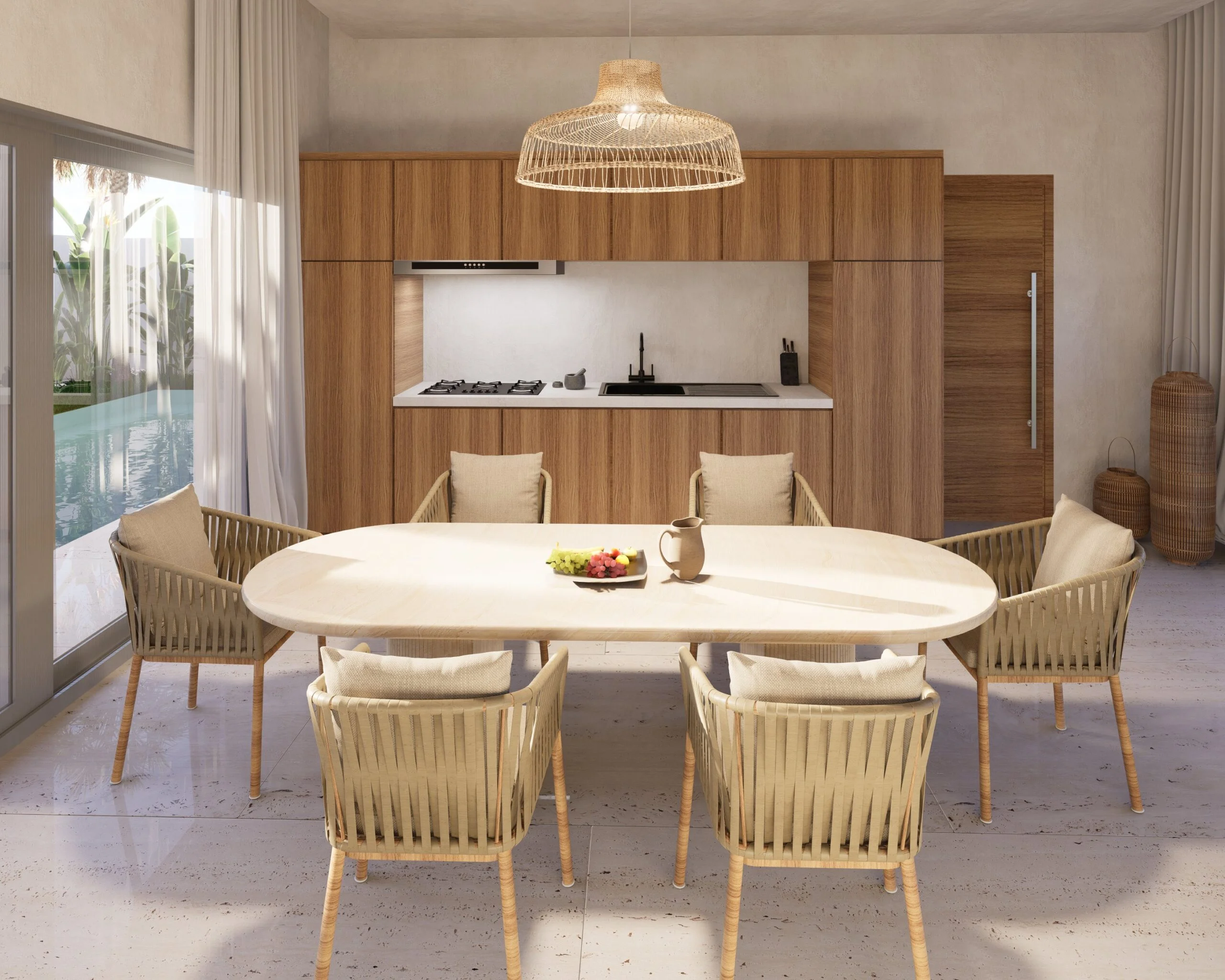 Isaac Palm Residence — kitchen and oval dining table in light timber, tropical villa 3D visualization by Noor Haus Design