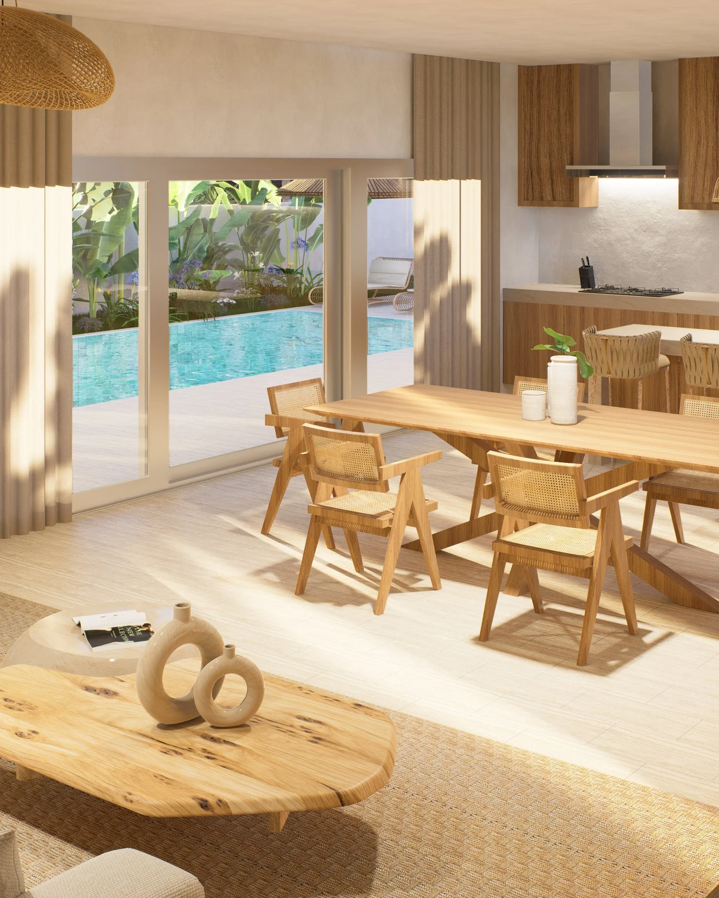 CP Paradise Garden Villas — dining table beside the pool terrace, tropical villa 3D visualization by Noor Haus Design