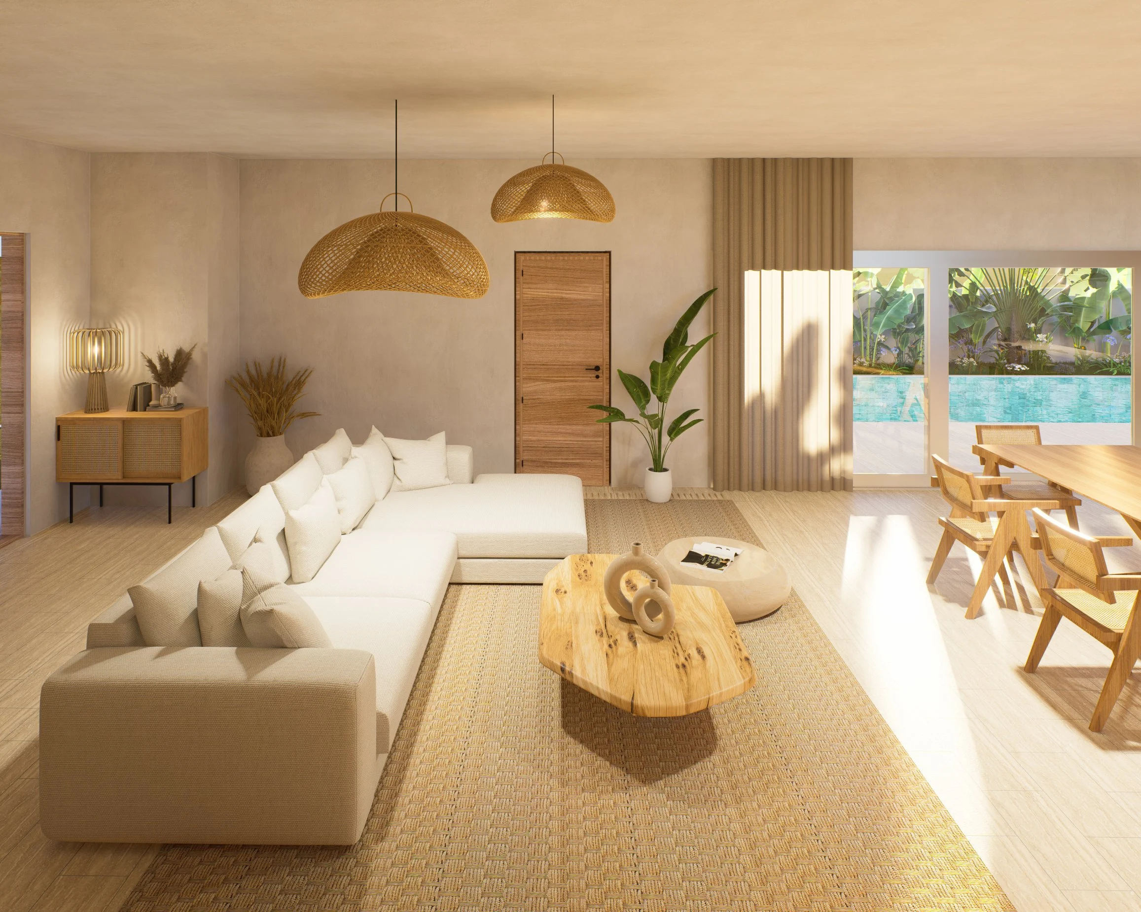 CP Paradise Garden Villas — living room with sectional sofa and rattan pendant, tropical villa 3D visualization by Noor Haus Design