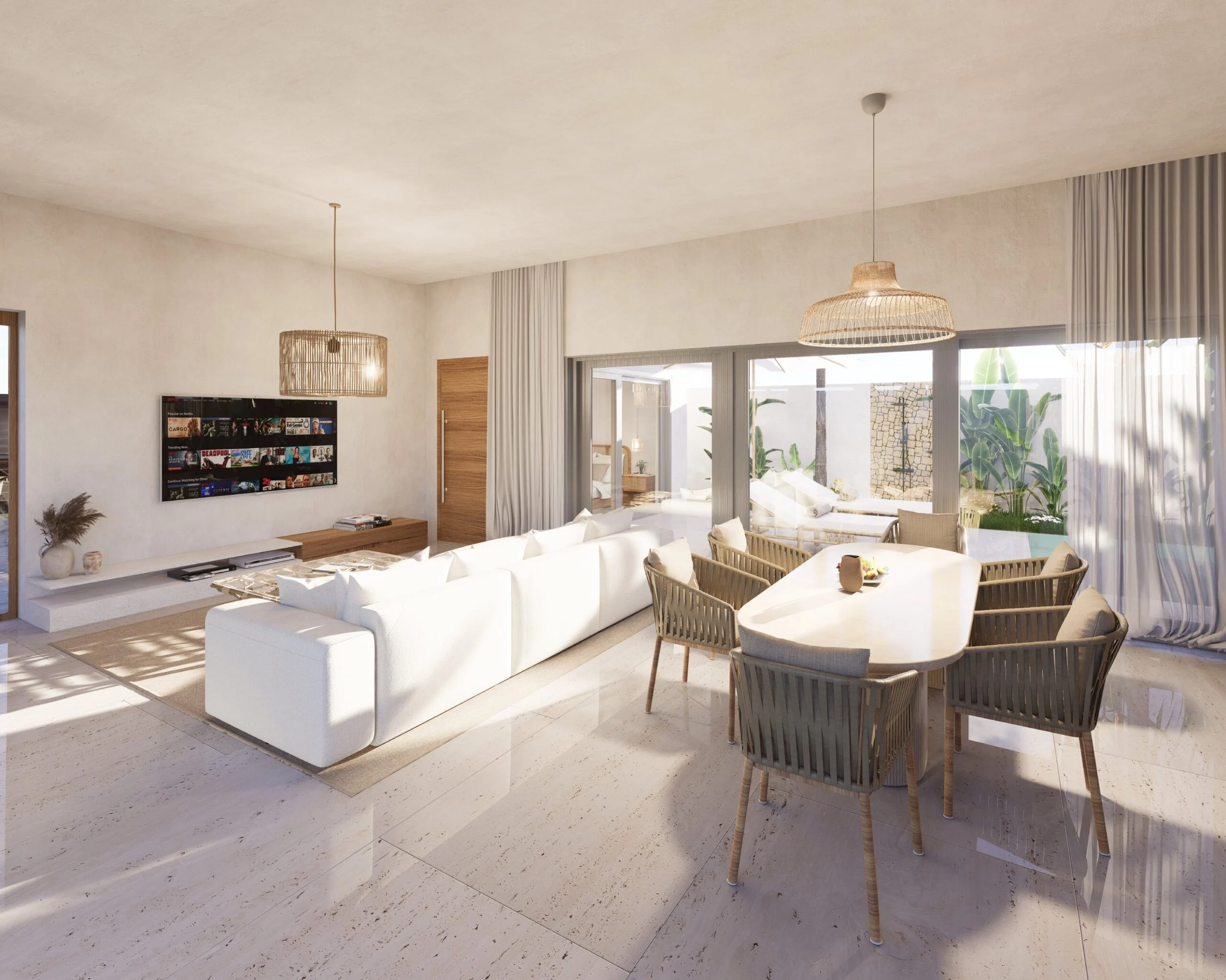 Isaac Palm Residence — living and dining space opening onto the terrace, tropical villa 3D visualization by Noor Haus Design