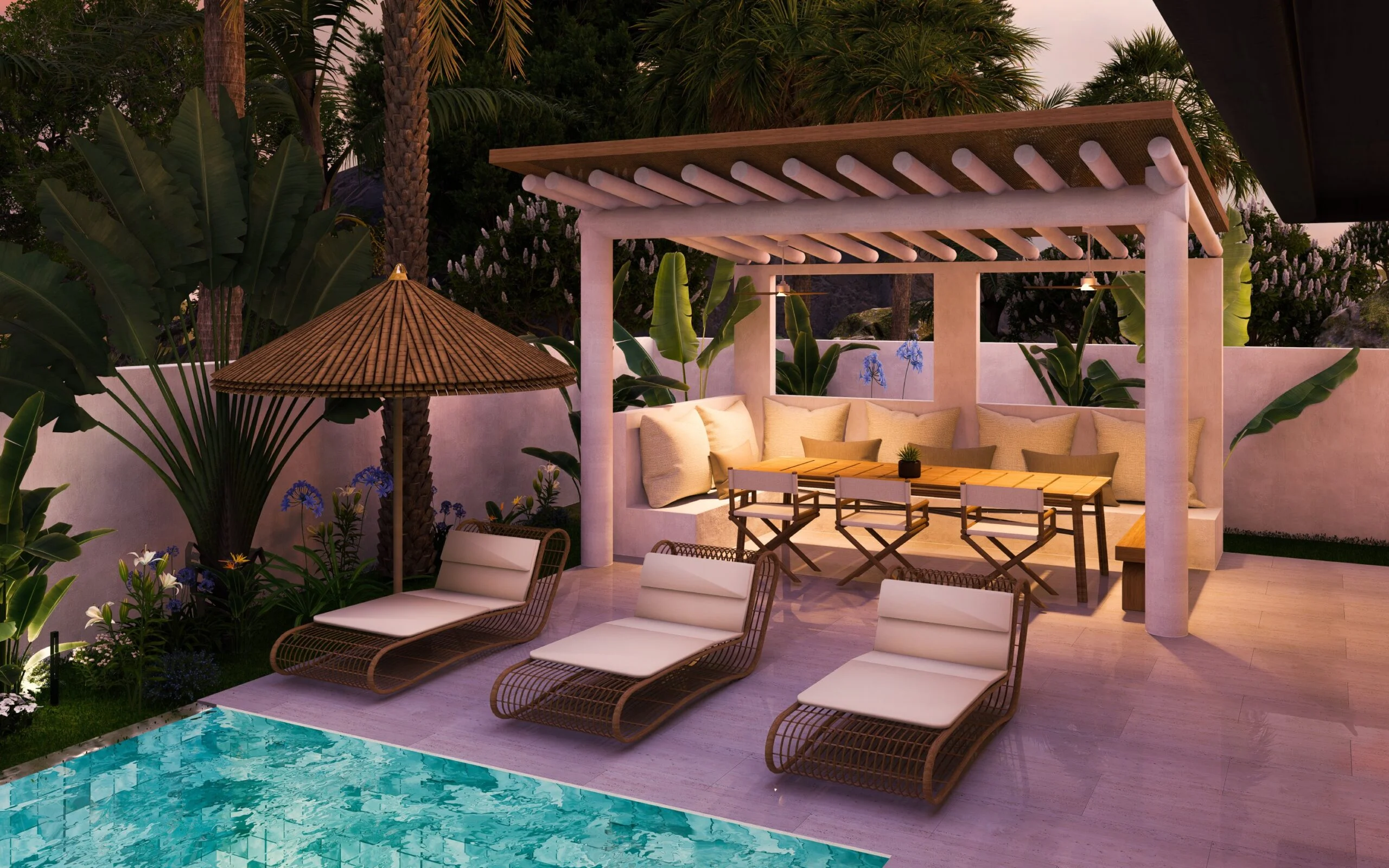 CP Paradise Garden Villas — poolside pergola lounge with sun loungers at dusk, tropical villa 3D visualization by Noor Haus Design