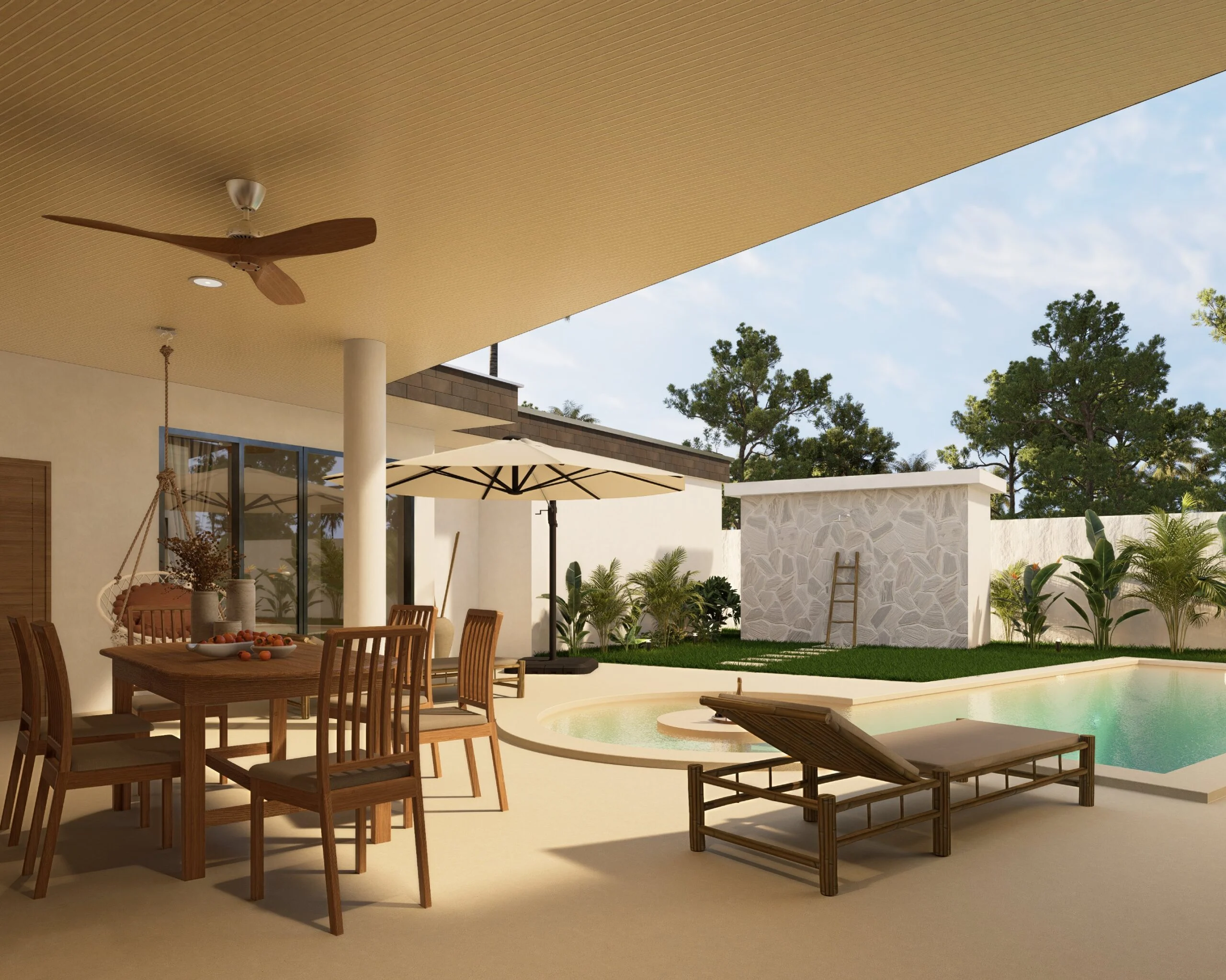 Ruby Residence — covered terrace with dining table and parasol beside the pool, tropical villa 3D visualization by Noor Haus Design