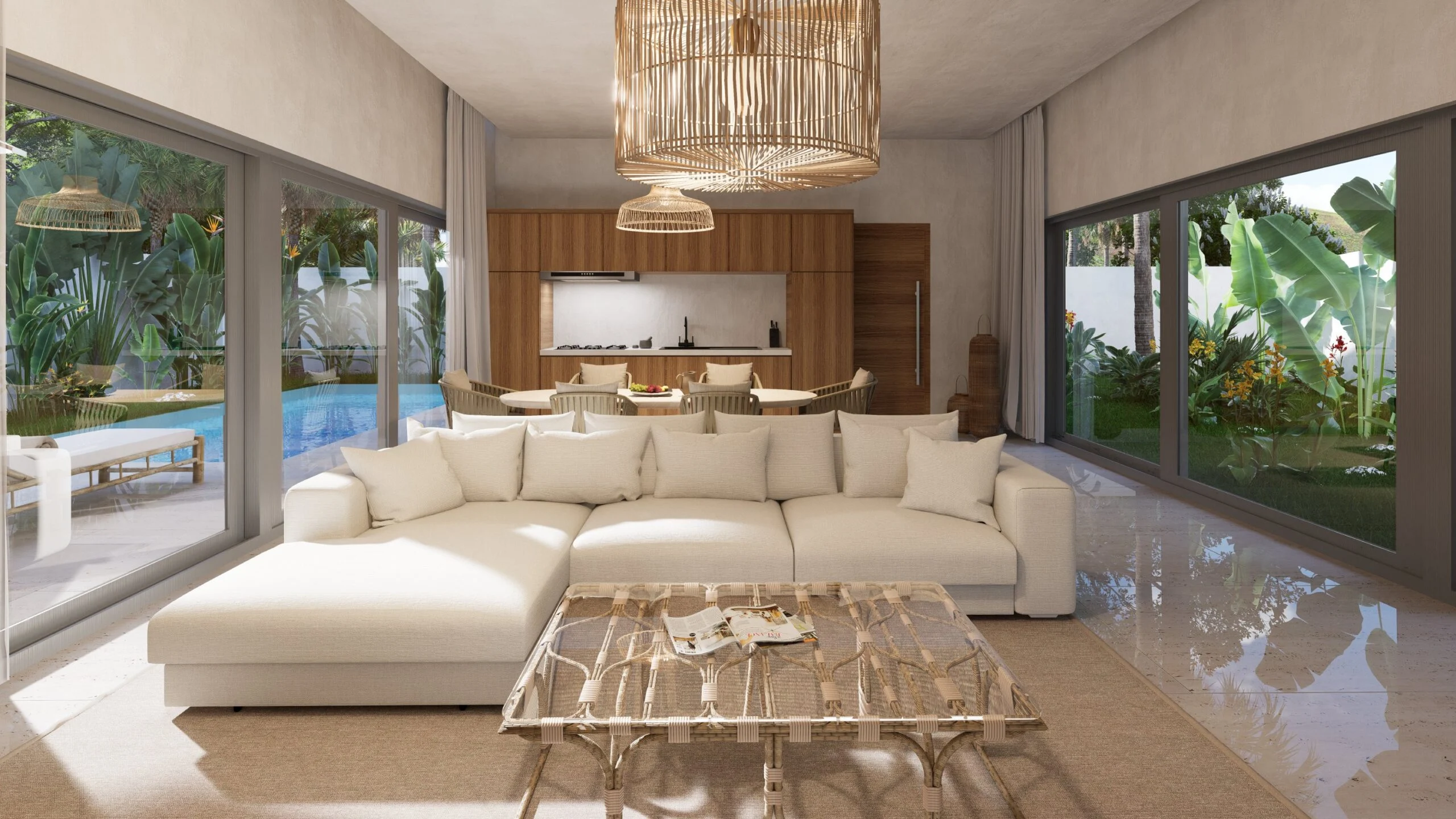 Isaac Palm Residence — living room with sectional sofa opening onto the pool, tropical villa 3D visualization by Noor Haus Design