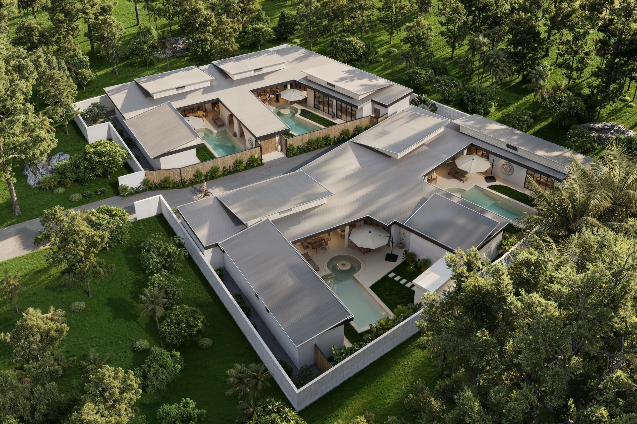 Ruby Residence — aerial view of the single-storey villa around its courtyard pool — architectural 3D visualization by Noor Haus Design