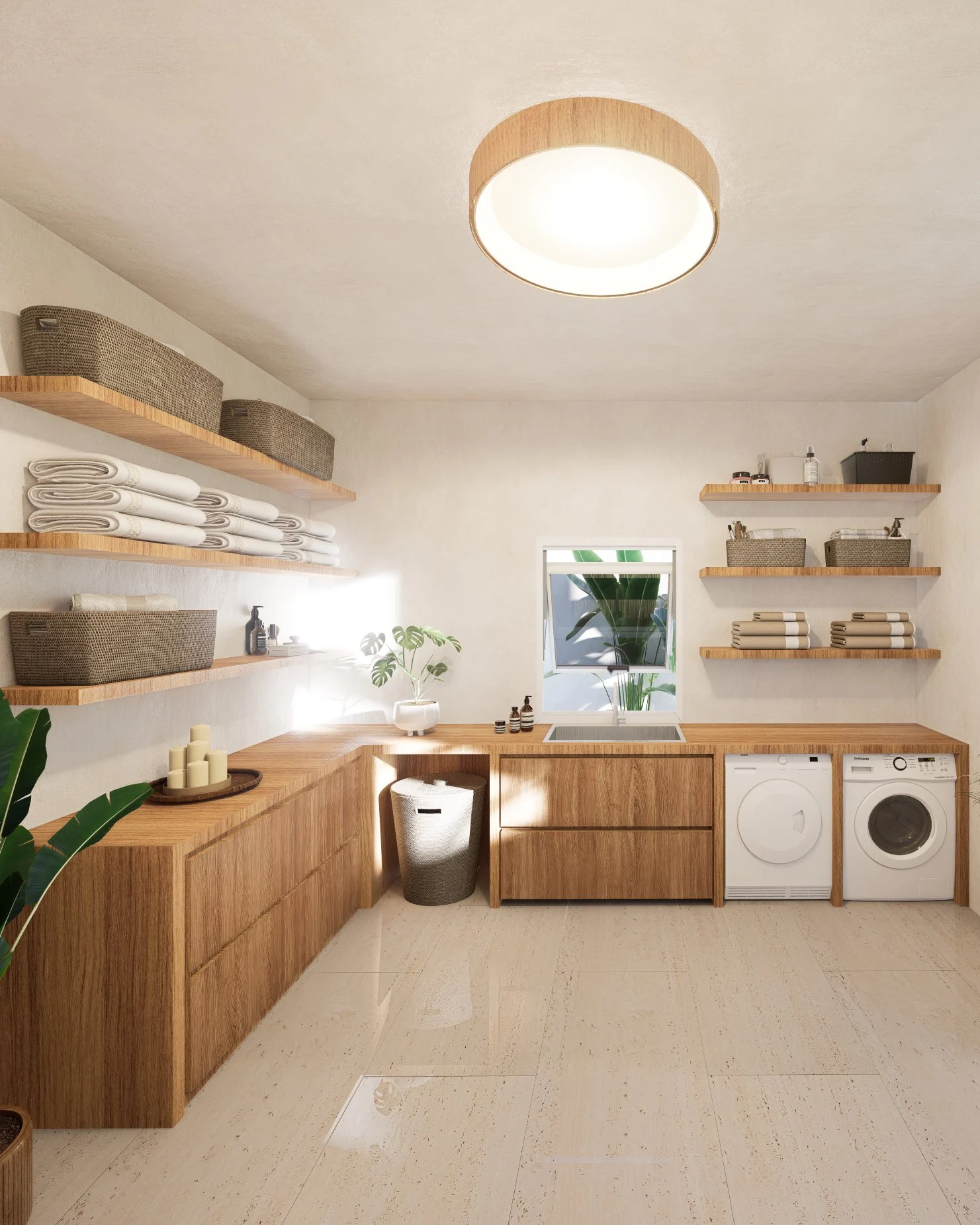 CP Paradise Duplex Villas — utility room with timber shelving and laundry appliances, tropical villa 3D visualization by Noor Haus Design