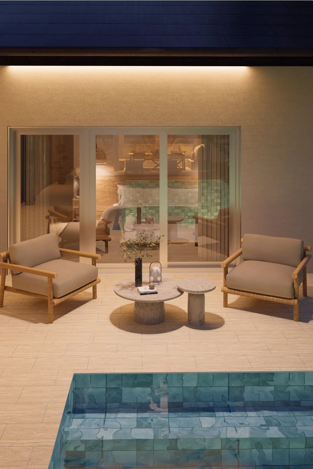 CP Paradise Garden Villas — bedroom seen through sliding doors from the terrace, tropical villa 3D visualization by Noor Haus Design