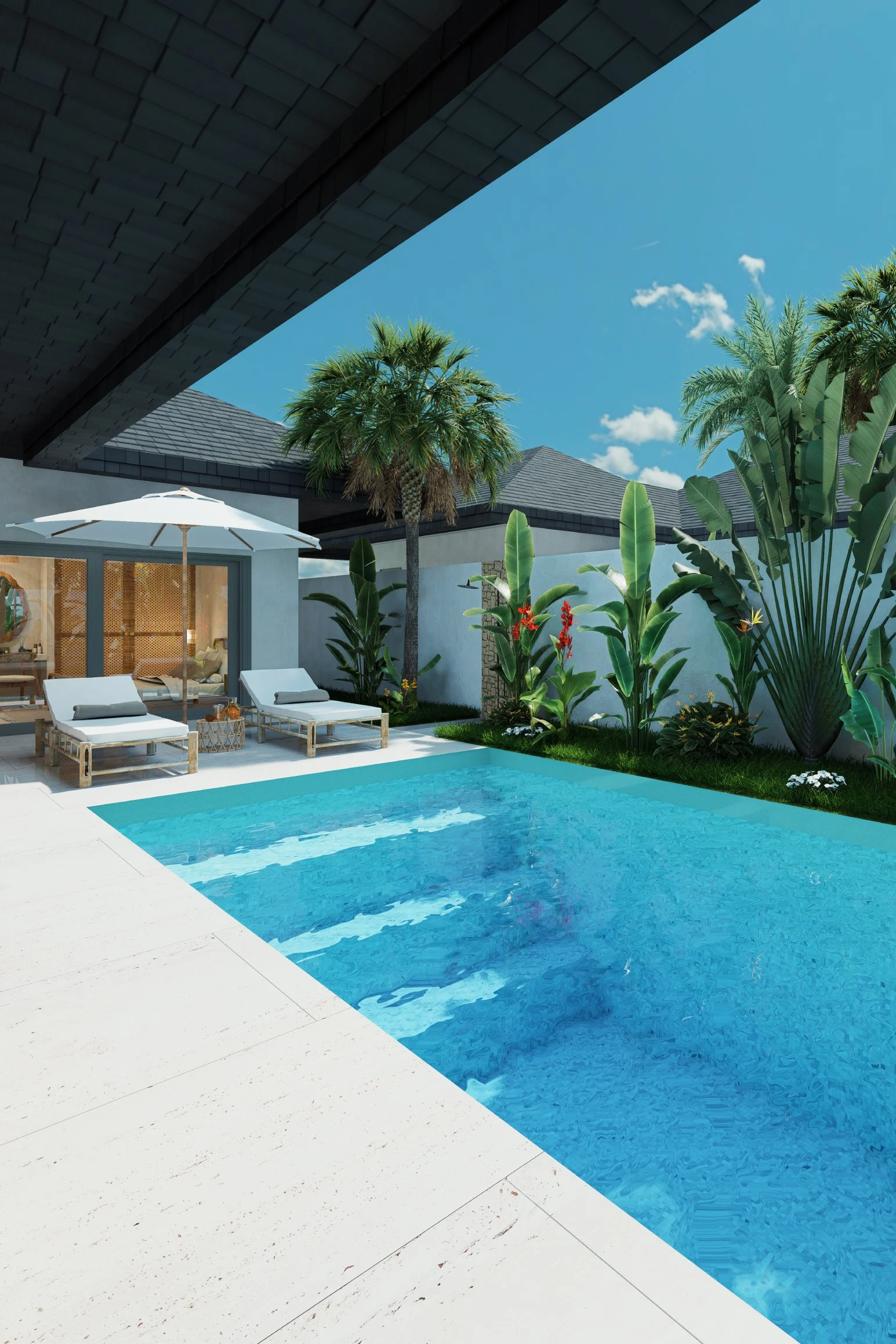 Isaac Palm Residence — pool and sun loungers framed by tropical planting, tropical villa 3D visualization by Noor Haus Design