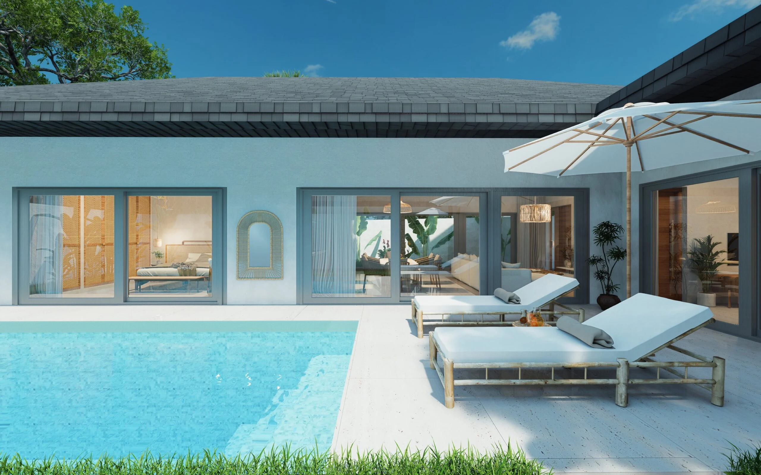 Isaac Palm Residence — pool terrace and single-storey villa with sun loungers, tropical villa 3D visualization by Noor Haus Design