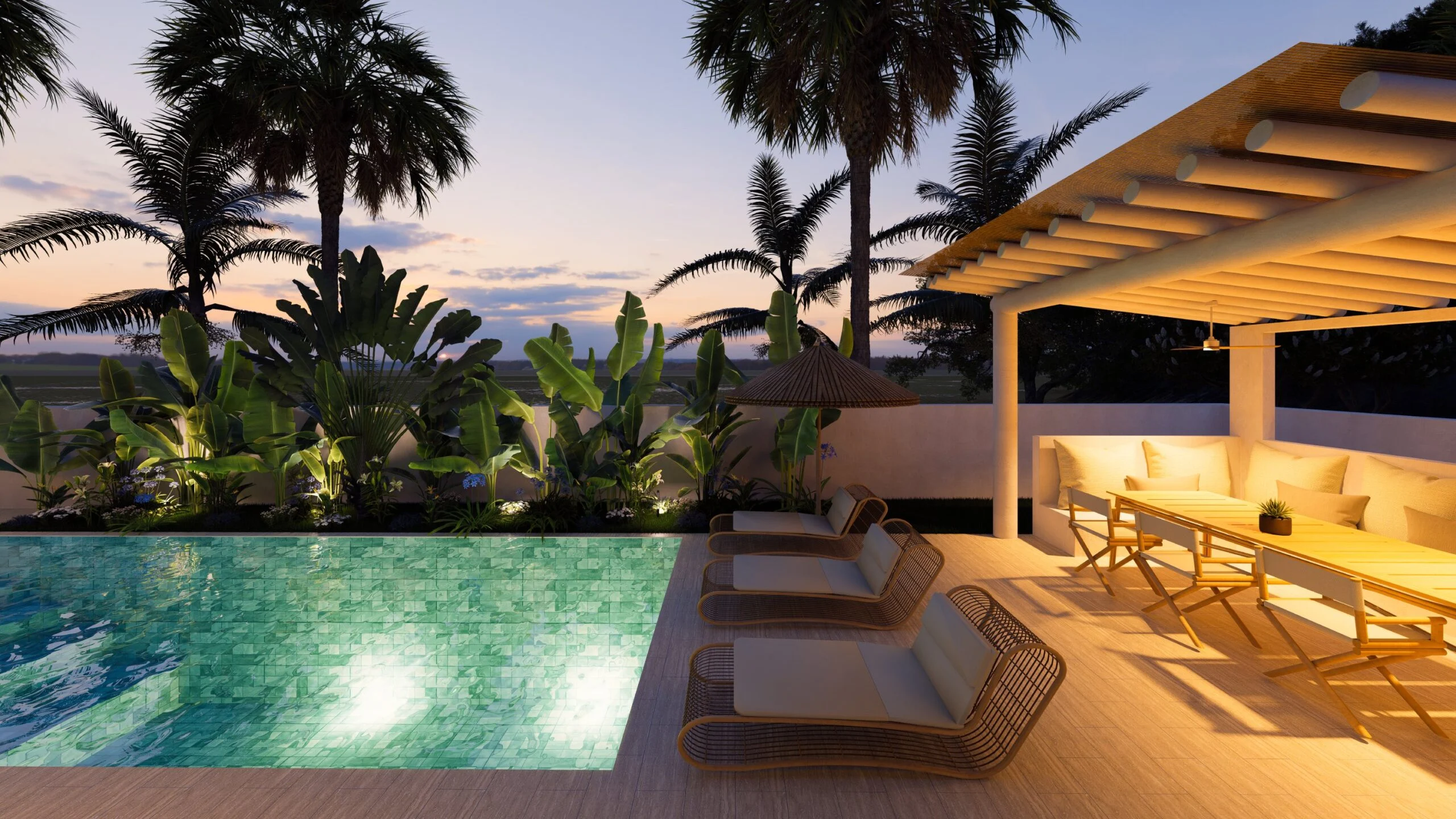 CP Paradise Garden Villas — pool and pergola at sunset framed by palms, tropical villa 3D visualization by Noor Haus Design