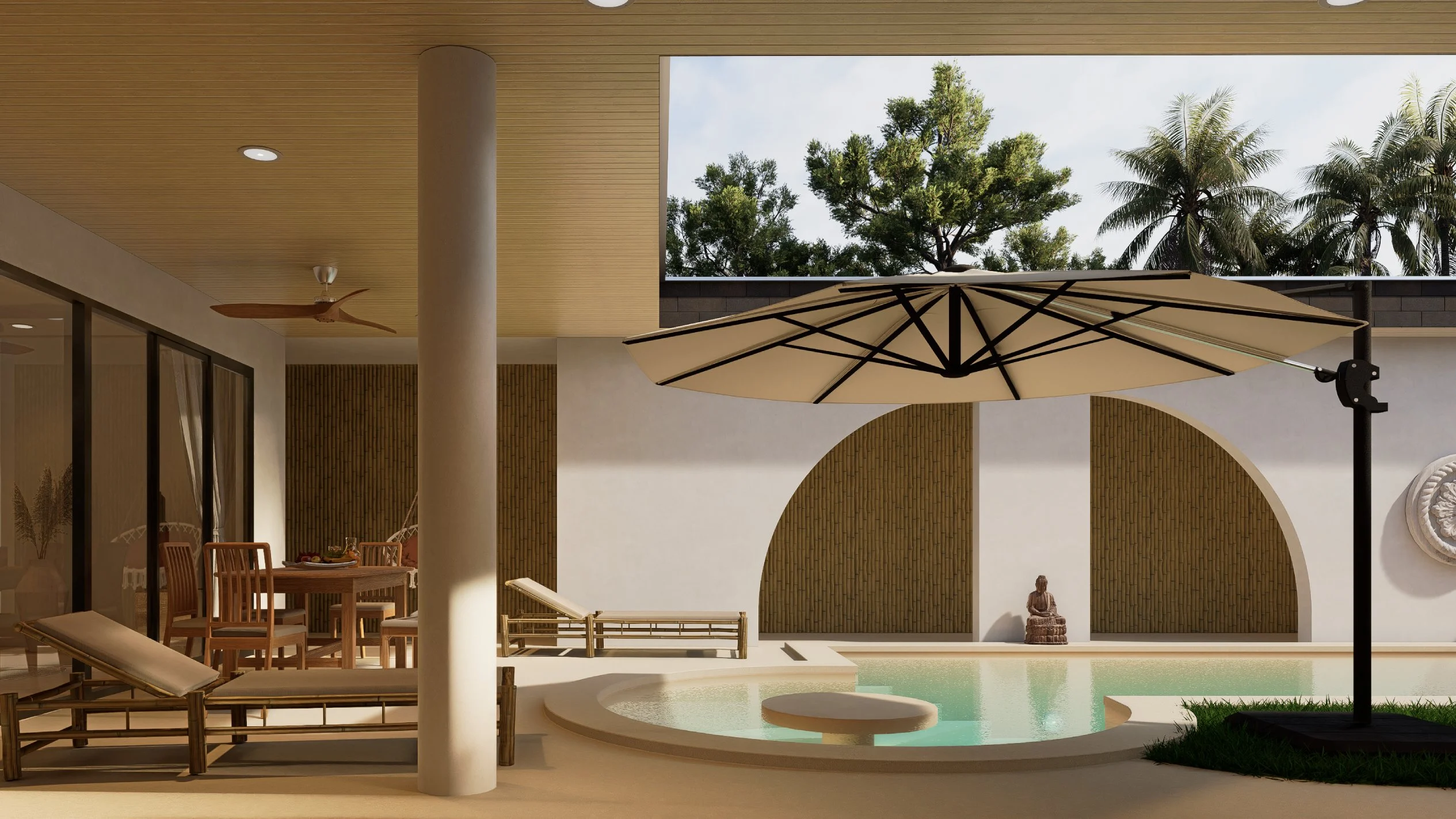Ruby Residence — poolside terrace with arched screens and sun loungers, tropical villa 3D visualization by Noor Haus Design