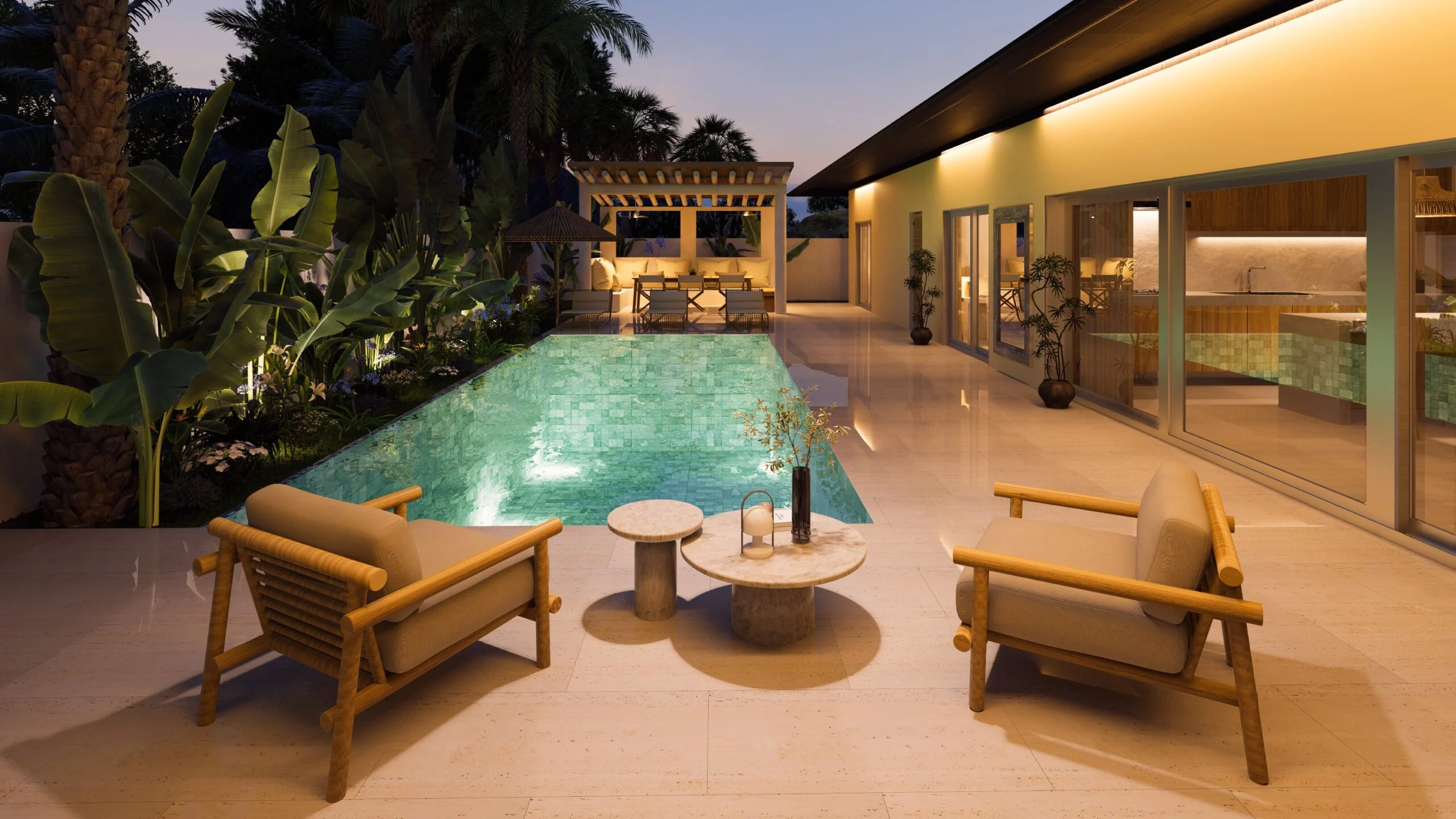 CP Paradise Garden Villas — pool and covered terrace lit at dusk, tropical villa 3D visualization by Noor Haus Design