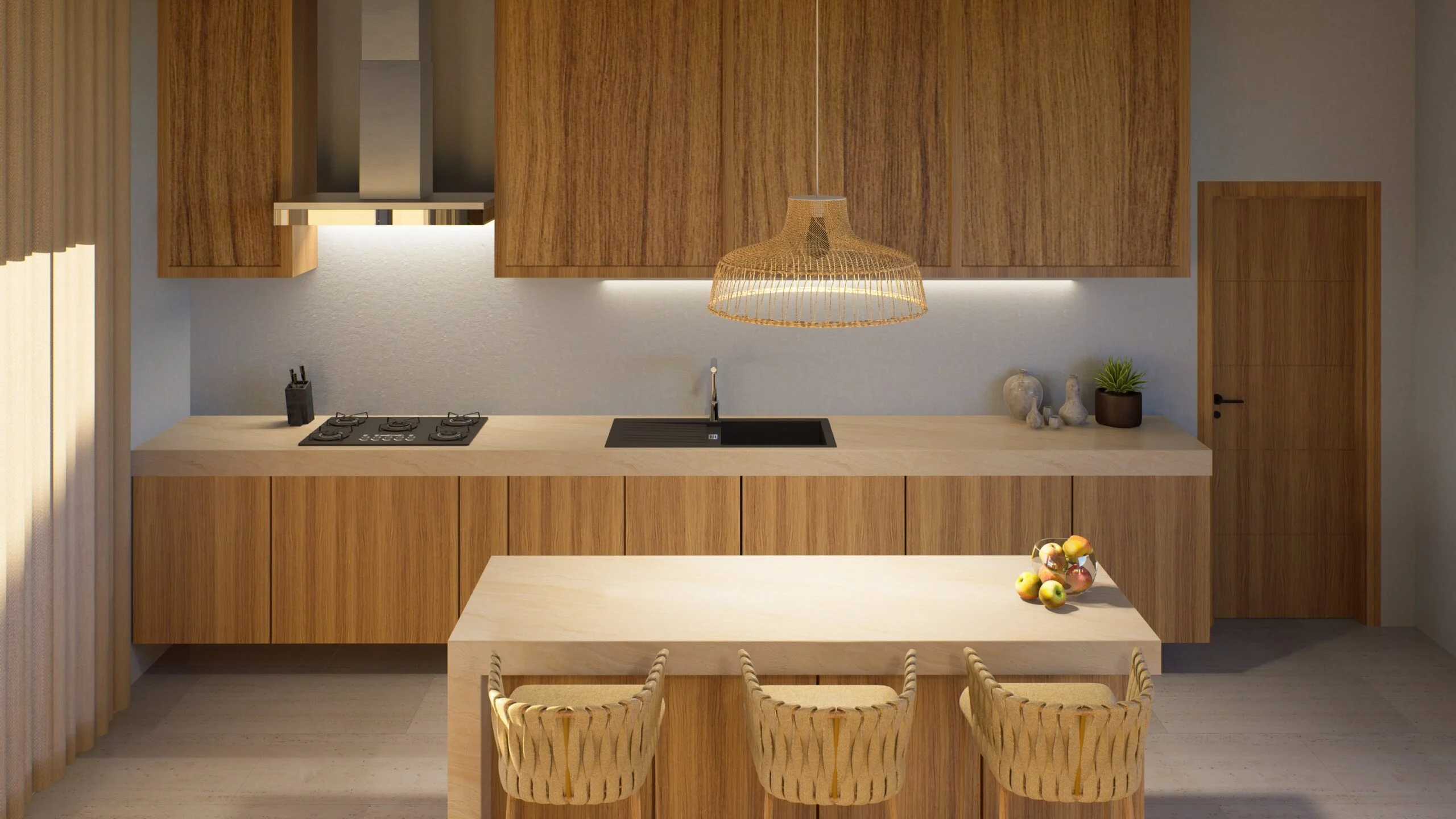 CP Paradise Garden Villas — kitchen with light timber joinery and breakfast island, tropical villa 3D visualization by Noor Haus Design
