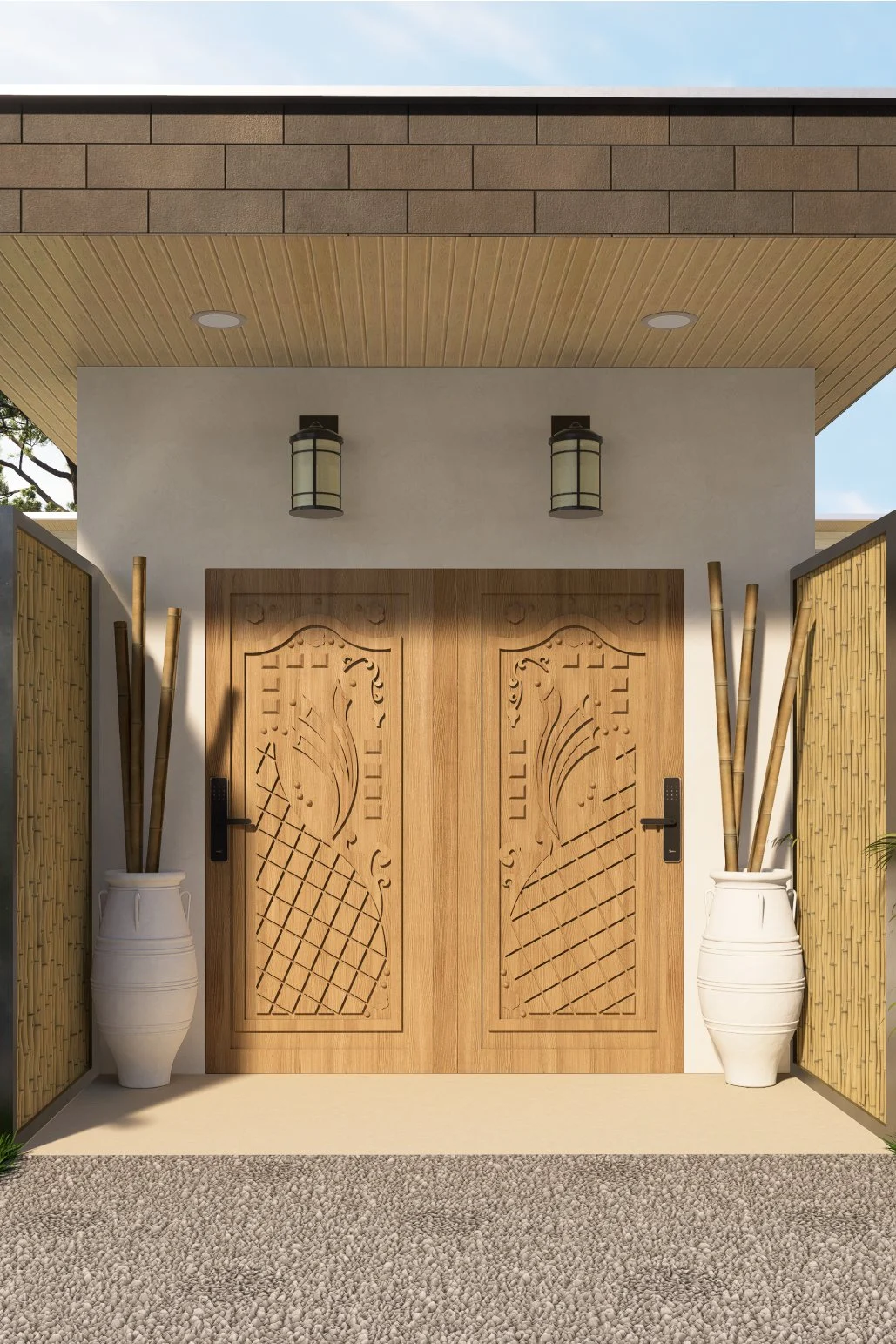 Ruby Residence — carved timber entrance doors framed by bamboo screens, tropical villa 3D visualization by Noor Haus Design