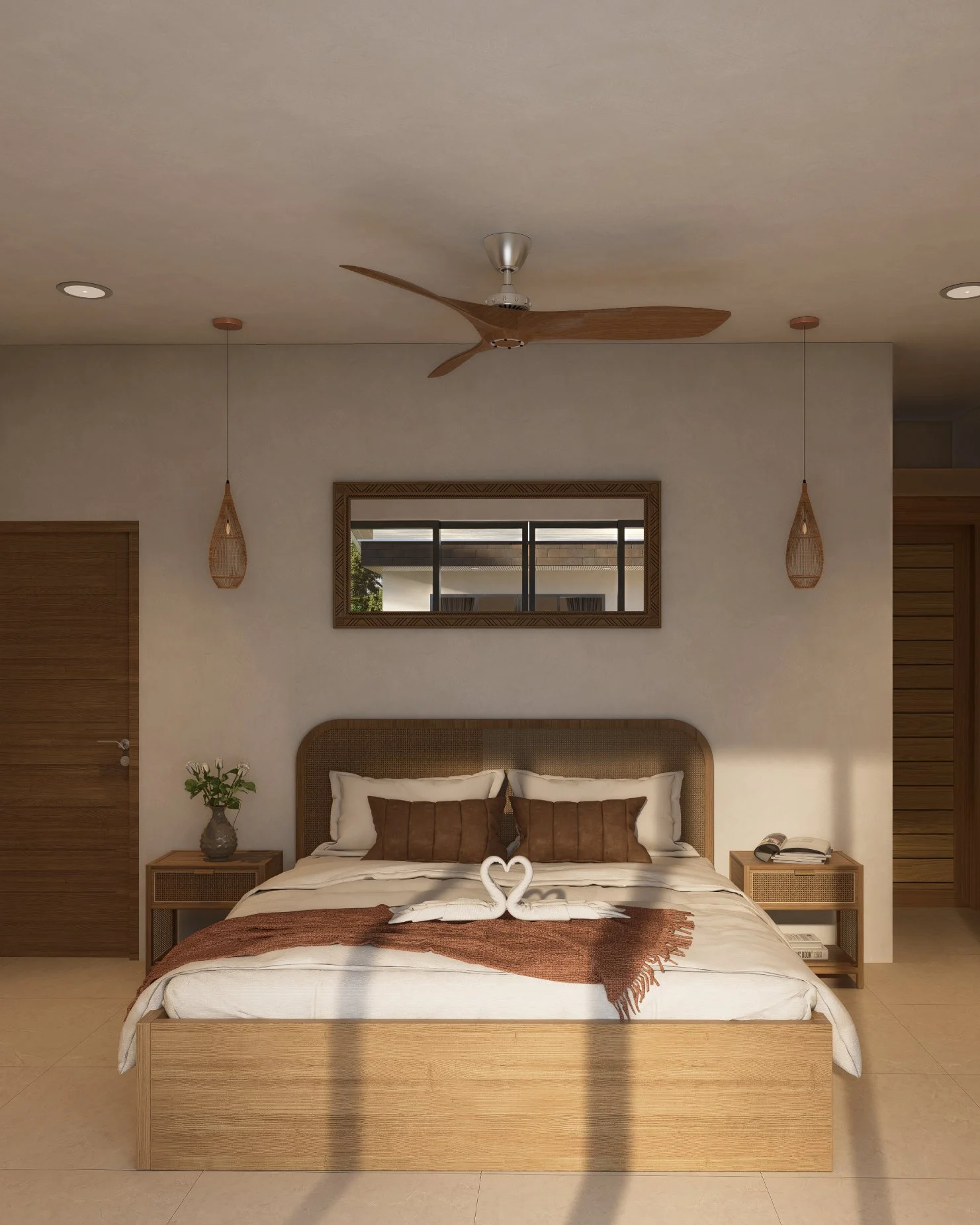 Ruby Residence — bedroom with timber panelling and woven pendant lights, tropical villa 3D visualization by Noor Haus Design