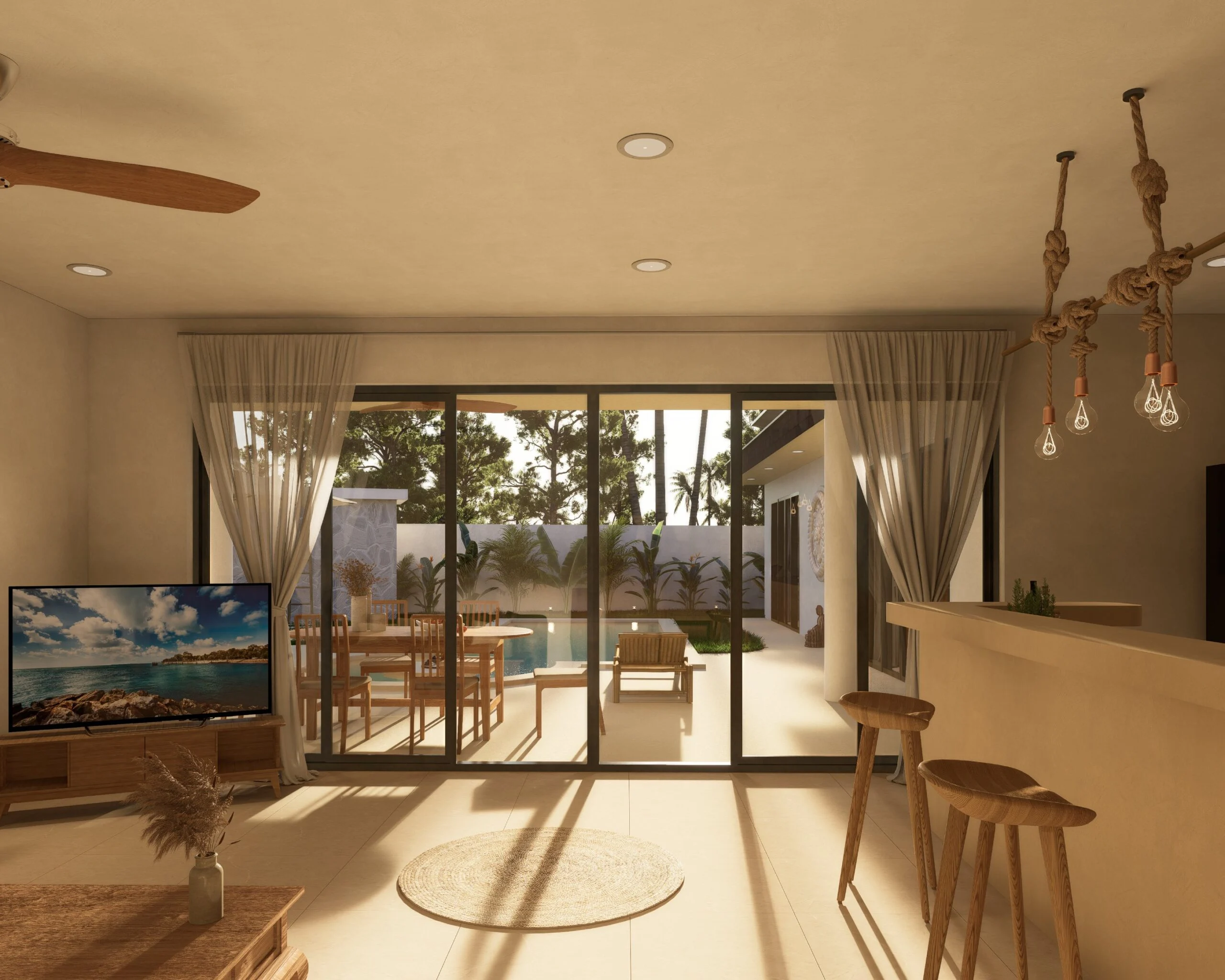 Ruby Residence — living room opening onto the pool courtyard through sliding doors, tropical villa 3D visualization by Noor Haus Design
