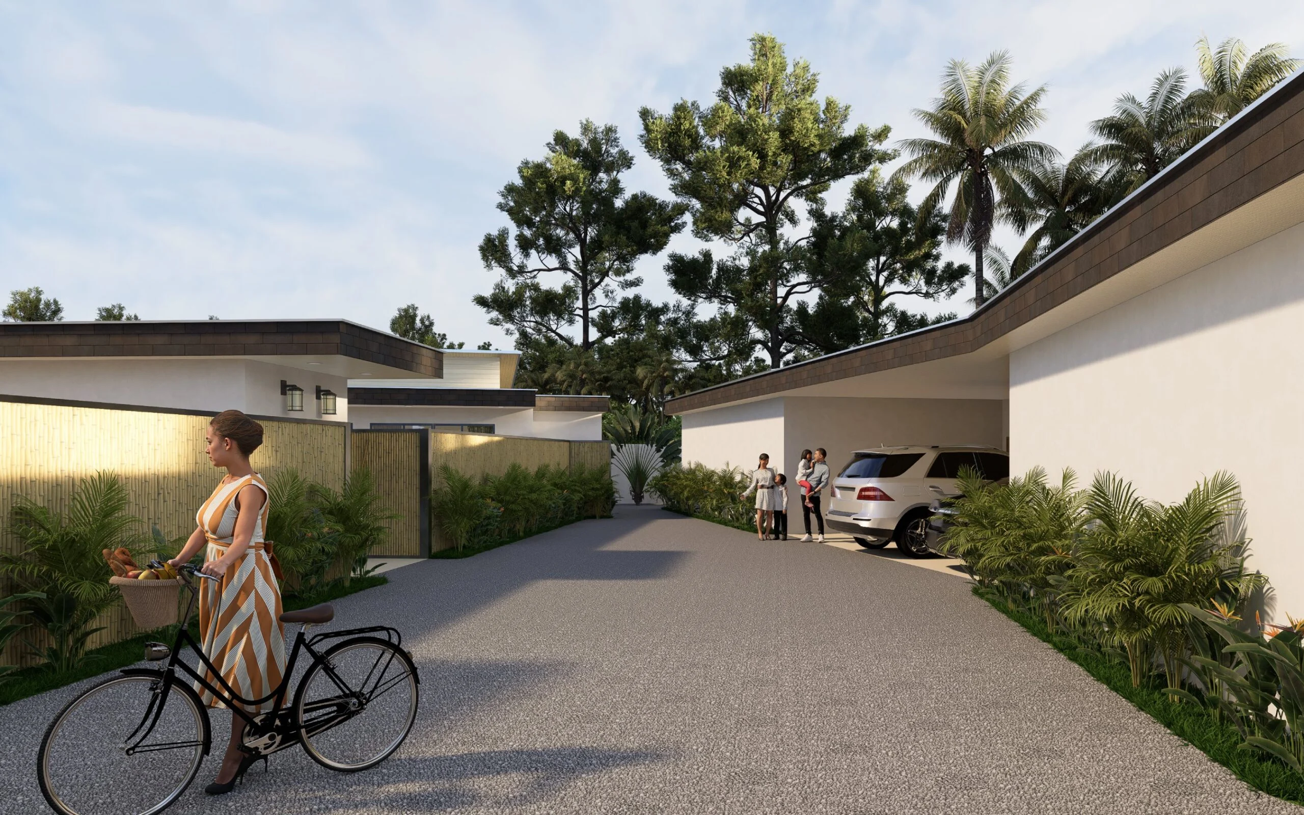 Ruby Residence — driveway and entrance approach to the single-storey villa, tropical villa 3D visualization by Noor Haus Design