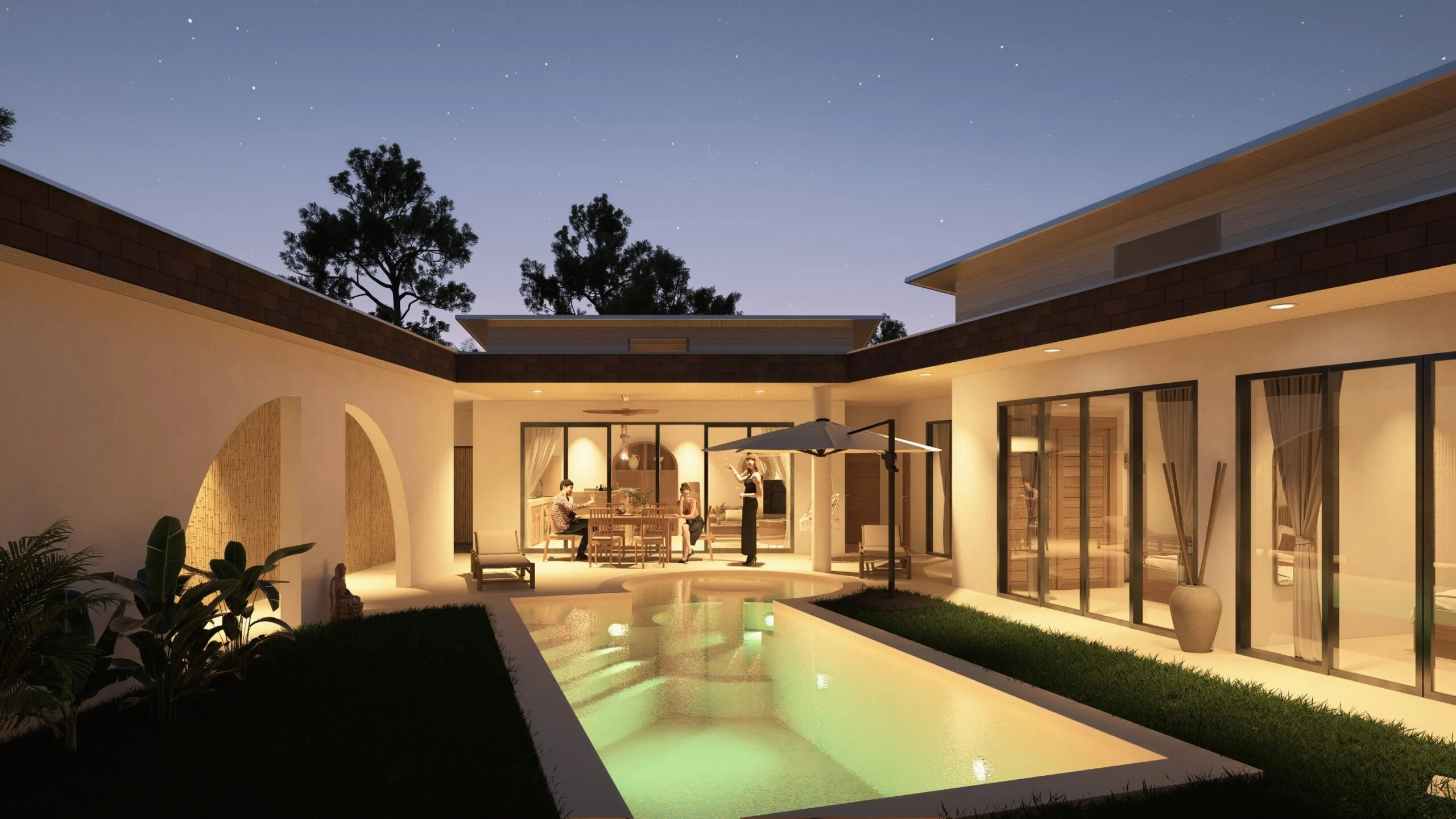 Ruby Residence — courtyard pool and illuminated living pavilion at dusk, tropical villa 3D visualization by Noor Haus Design