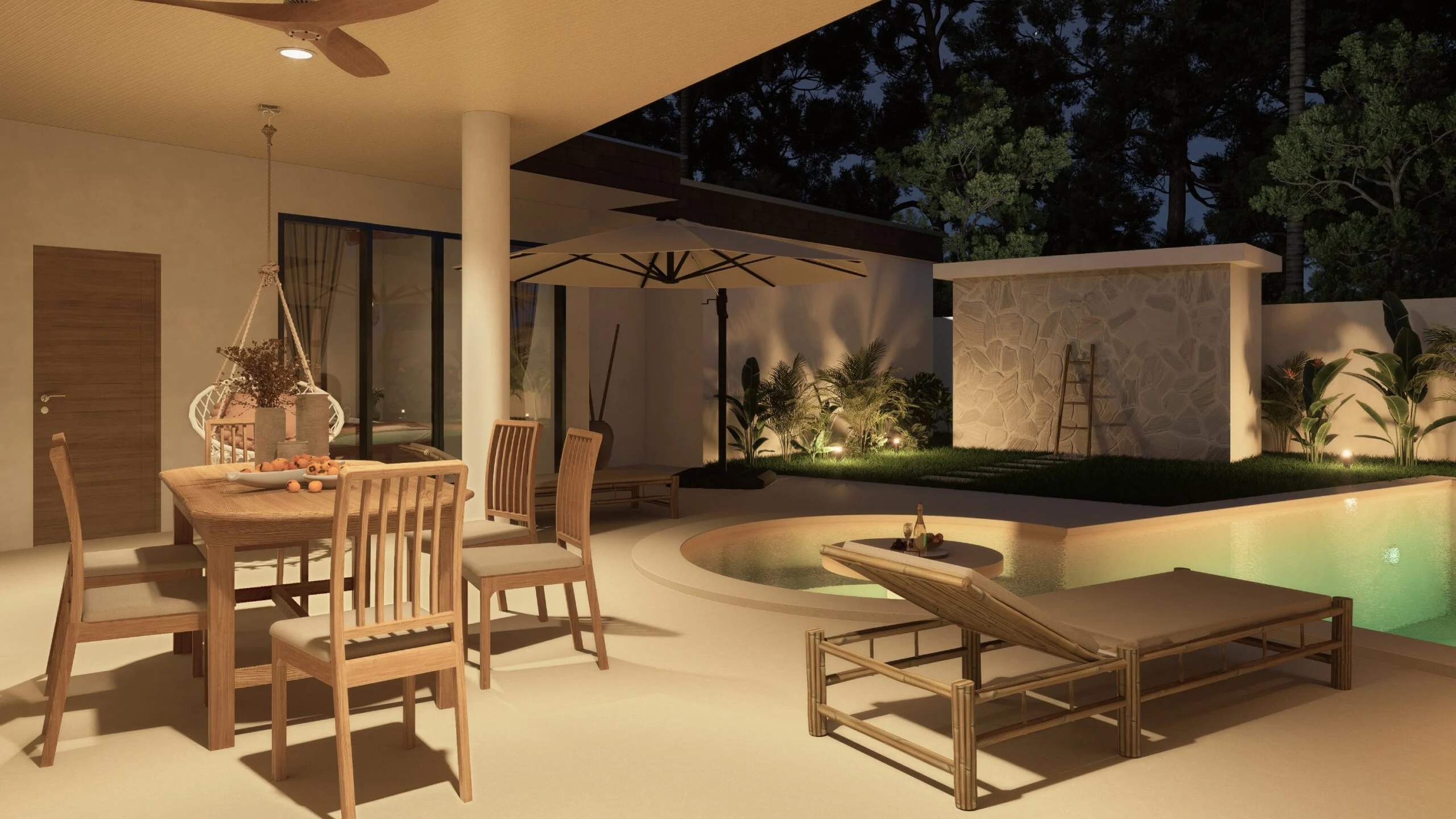 Ruby Residence — dining terrace and pool at dusk, tropical villa 3D visualization by Noor Haus Design
