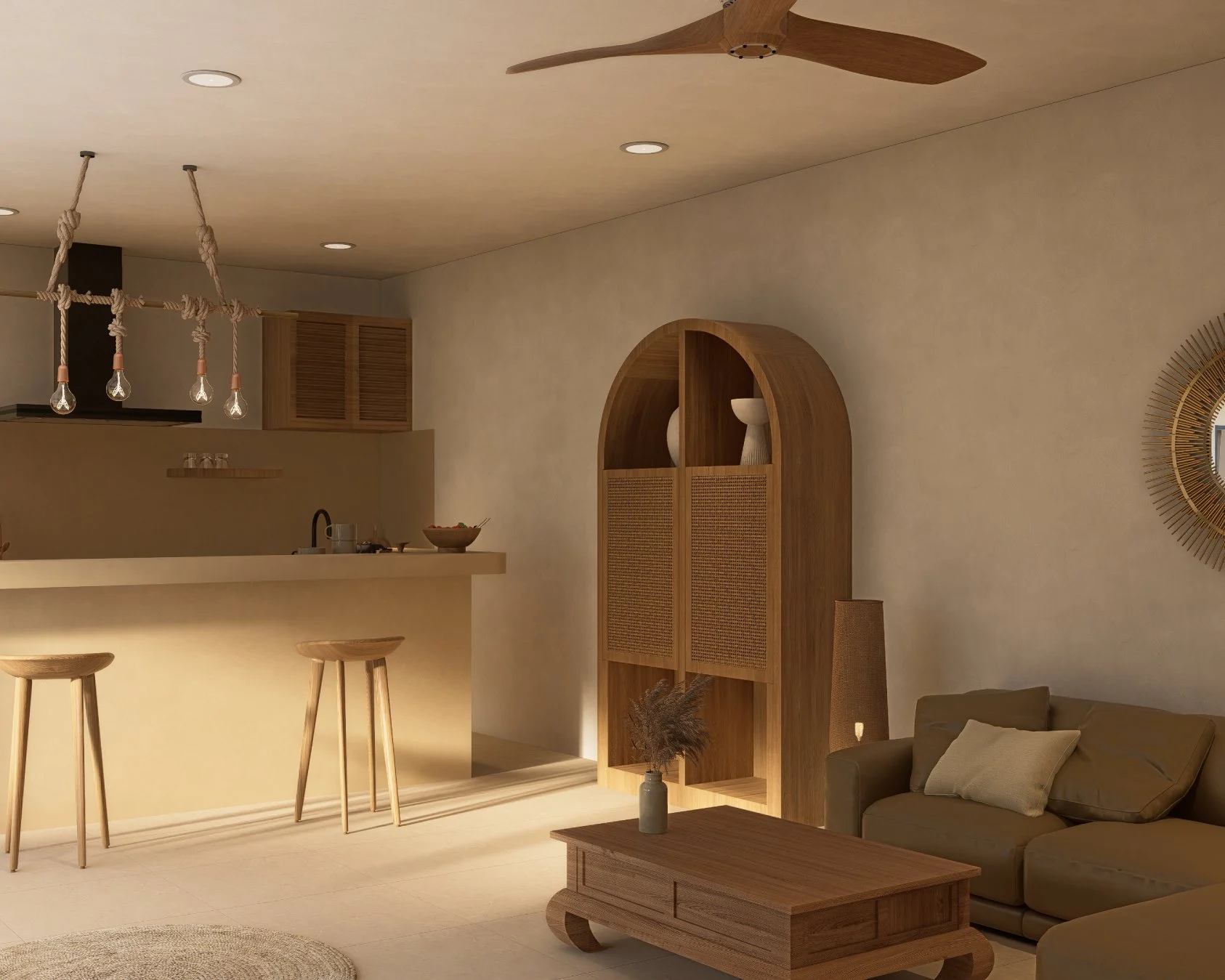 Ruby Residence — kitchen with arched pantry and rope pendant lighting, tropical villa 3D visualization by Noor Haus Design