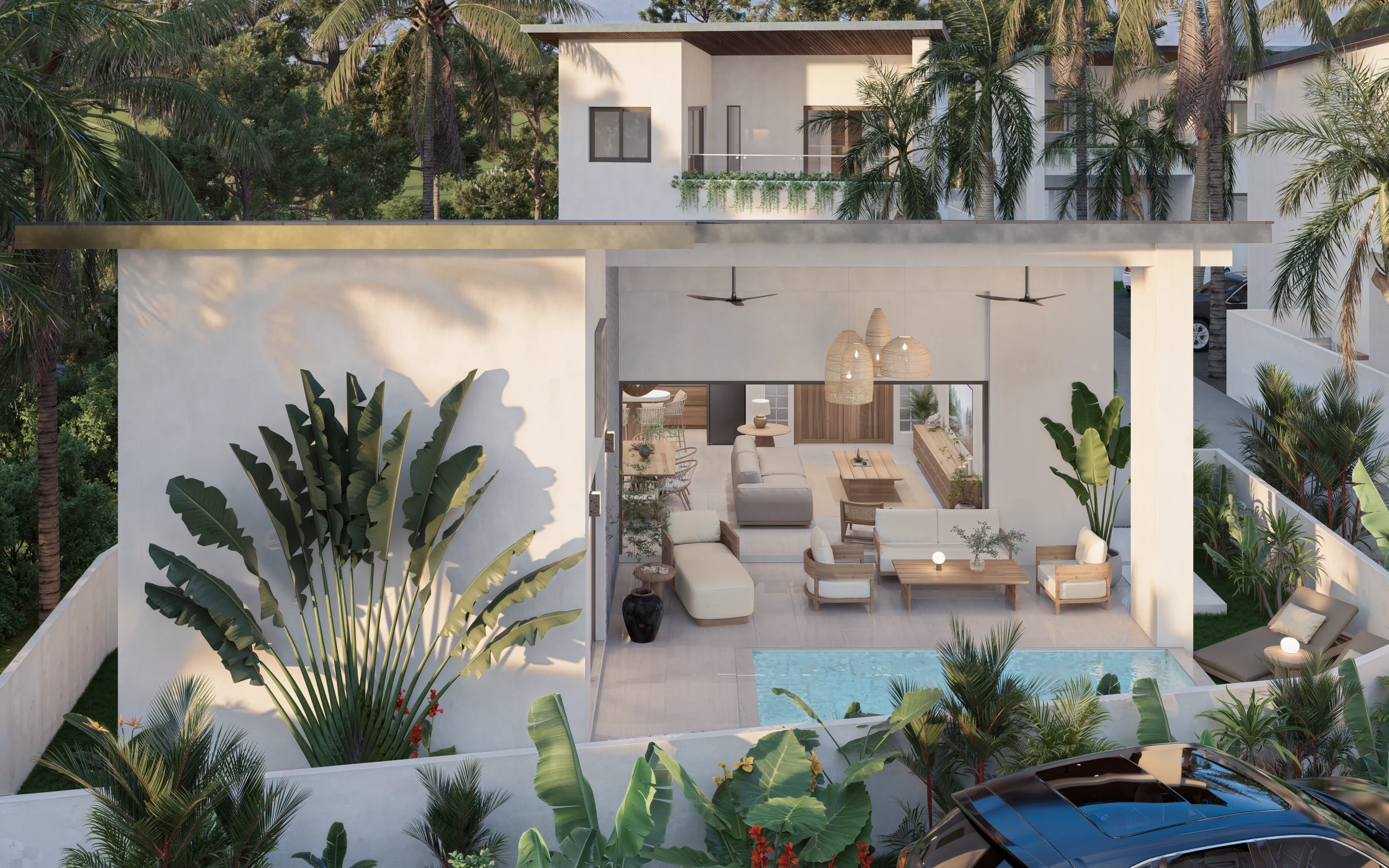 Baan Dao Residence — open living space, pool and tropical garden seen from above, tropical villa 3D visualization by Noor Haus Design