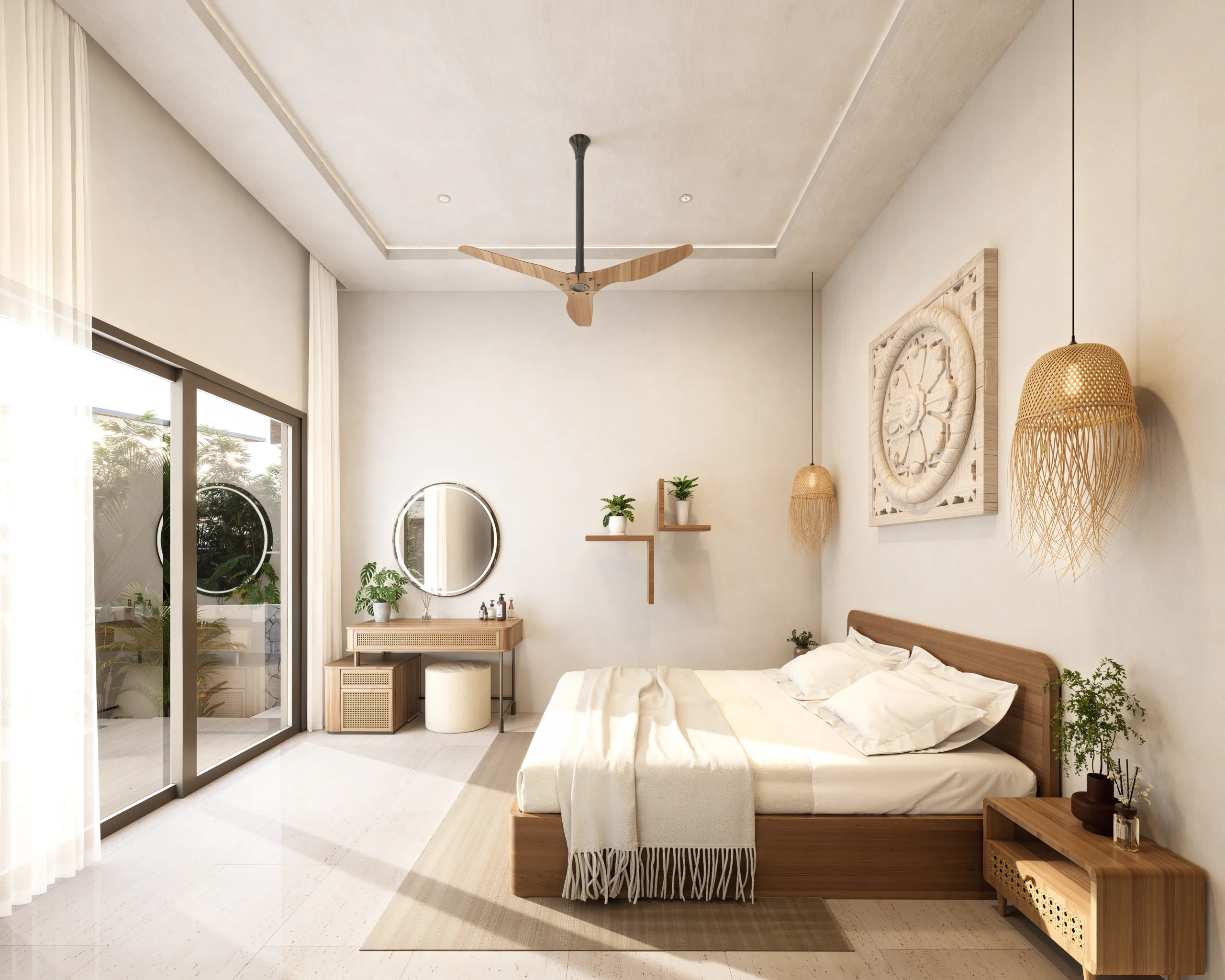 Baan Dao Residence — bedroom with woven pendant lighting and carved wall panel, tropical villa 3D visualization by Noor Haus Design
