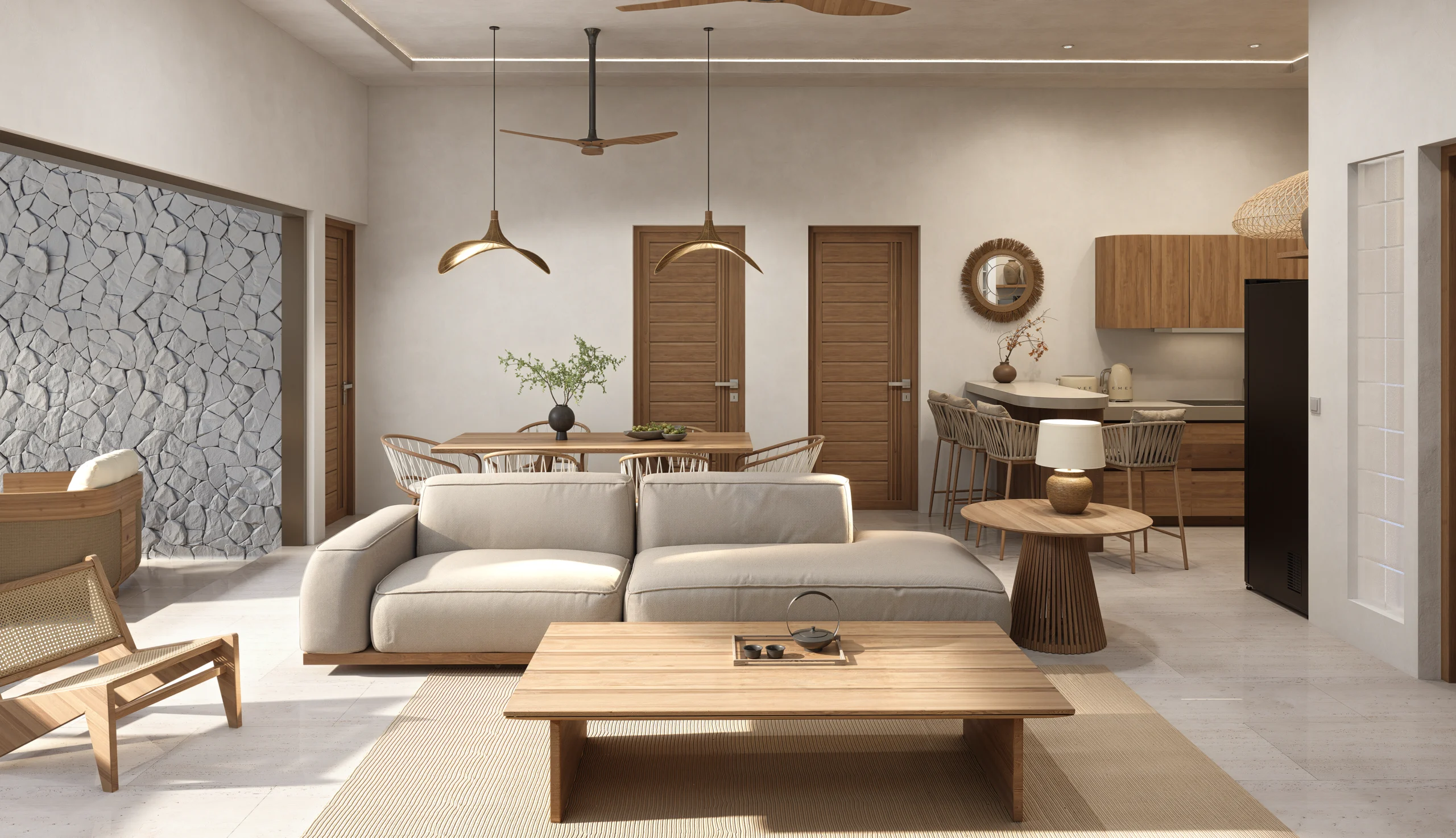 Baan Dao Residence — living room with textured stone wall and low timber coffee table, tropical villa 3D visualization by Noor Haus Design