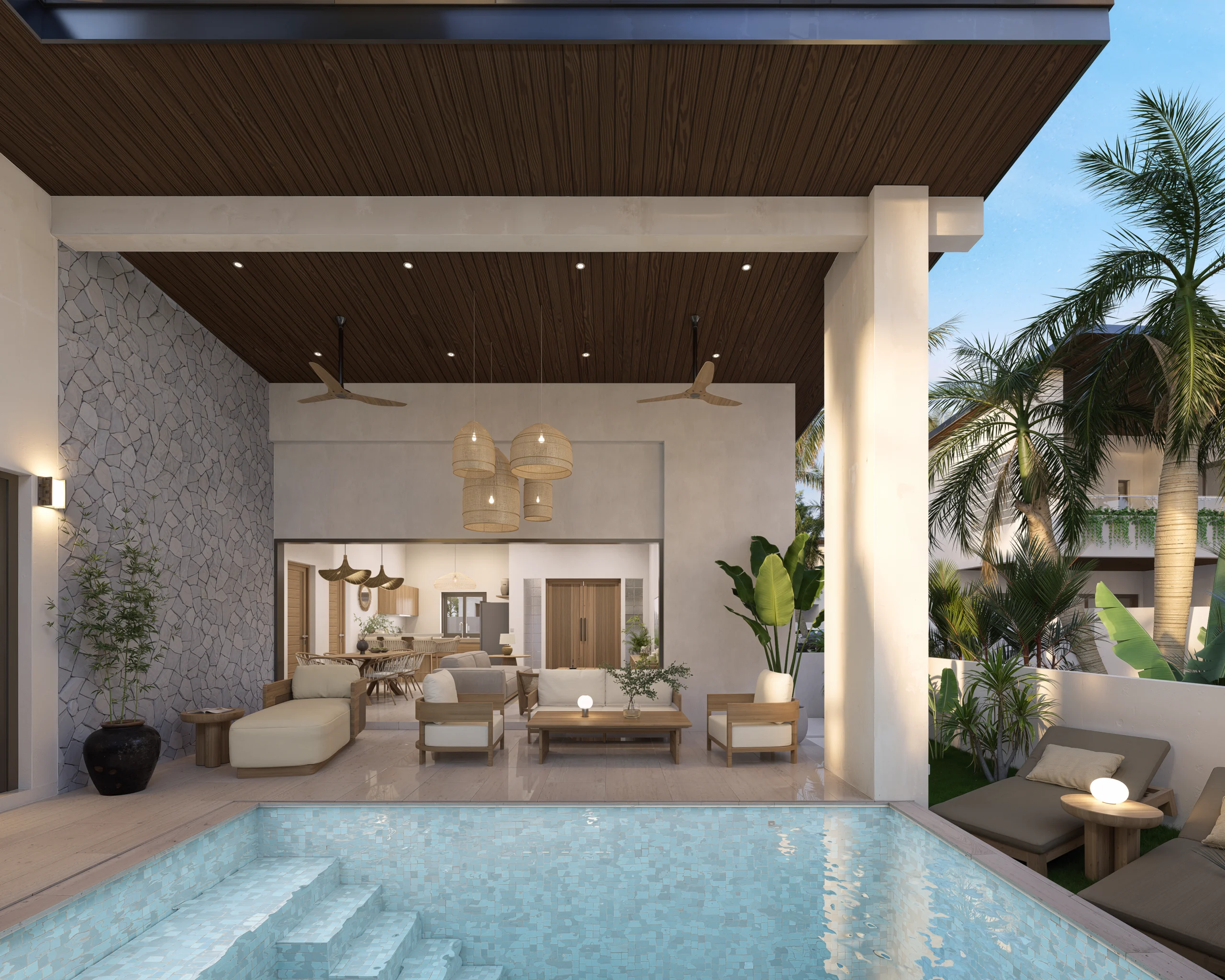 Baan Dao Residence — double-height living pavilion opening onto the pool and palms, tropical villa 3D visualization by Noor Haus Design