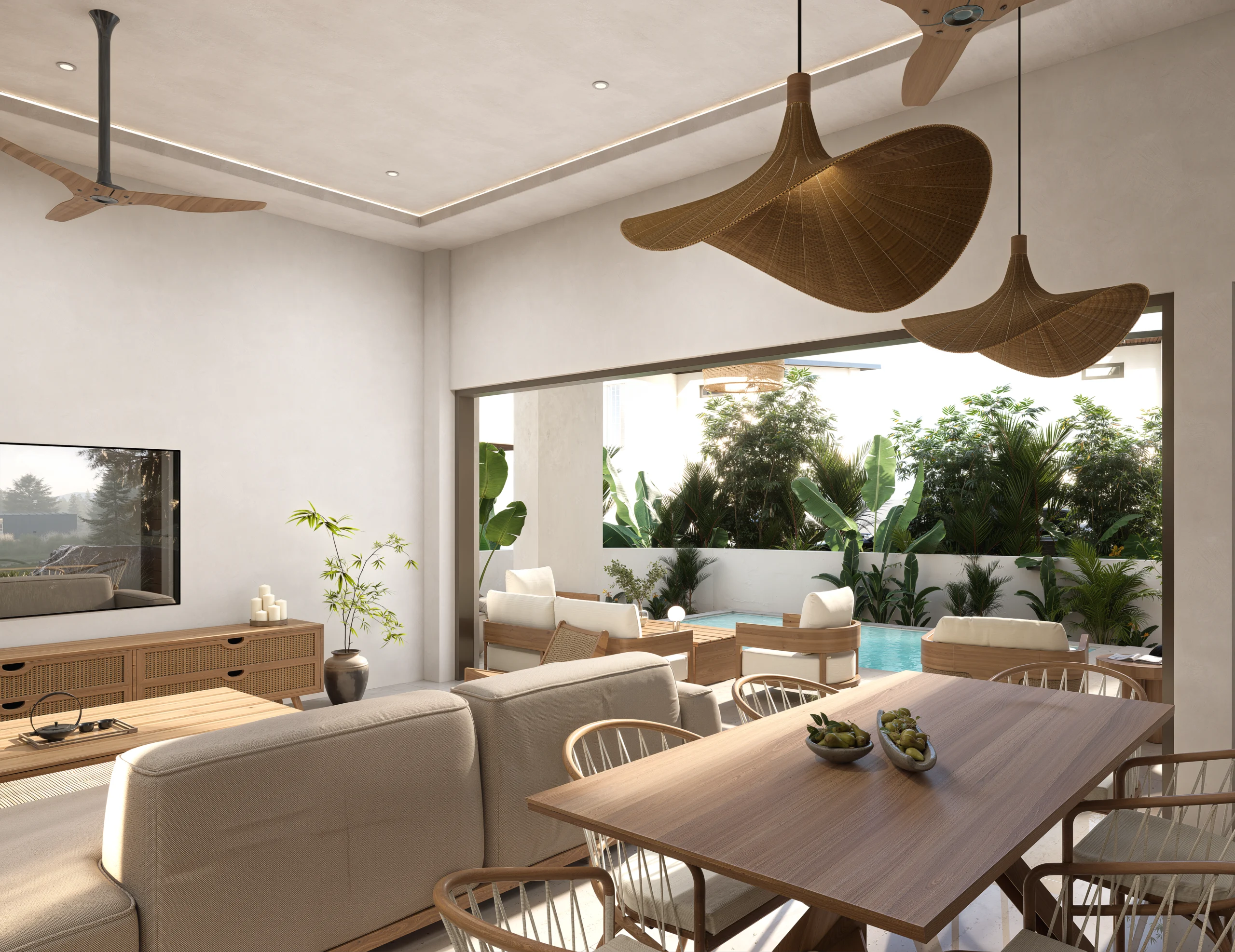 Baan Dao Residence — living and dining area with woven pendant lights facing the pool, tropical villa 3D visualization by Noor Haus Design