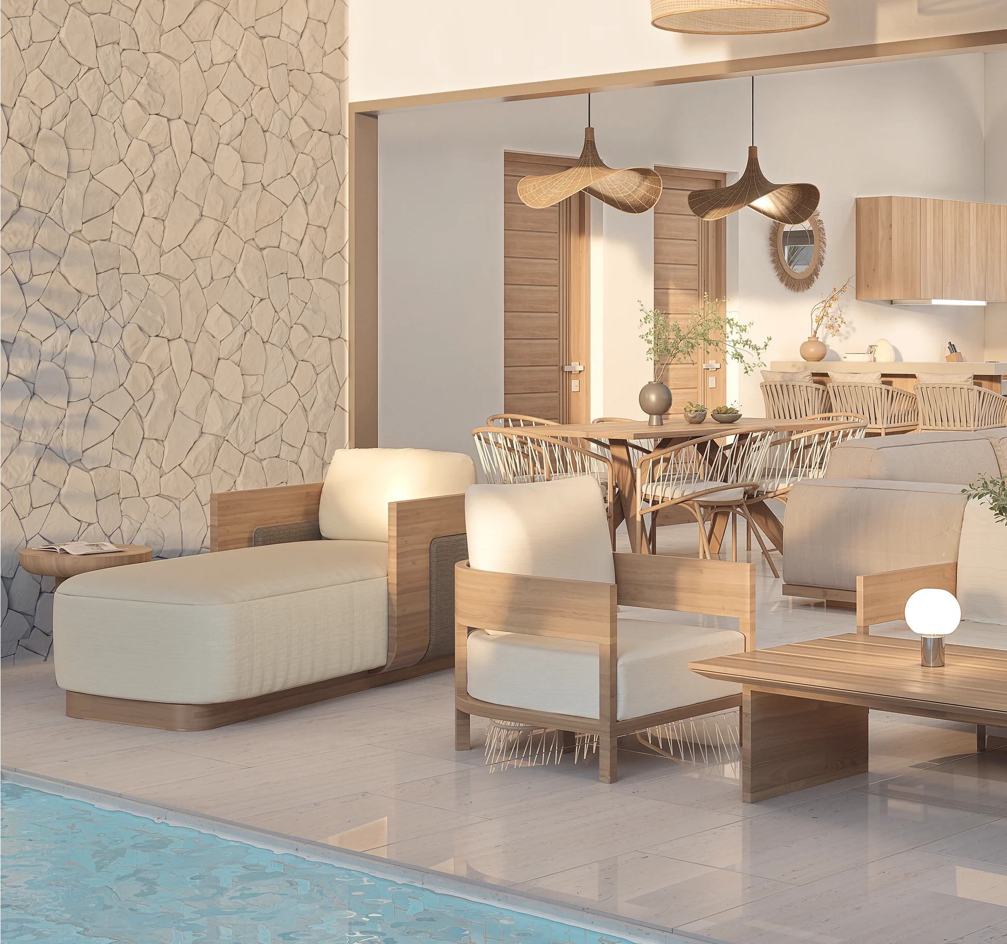 Baan Dao Residence — living room with stone-clad wall and rattan dining set, tropical villa 3D visualization by Noor Haus Design