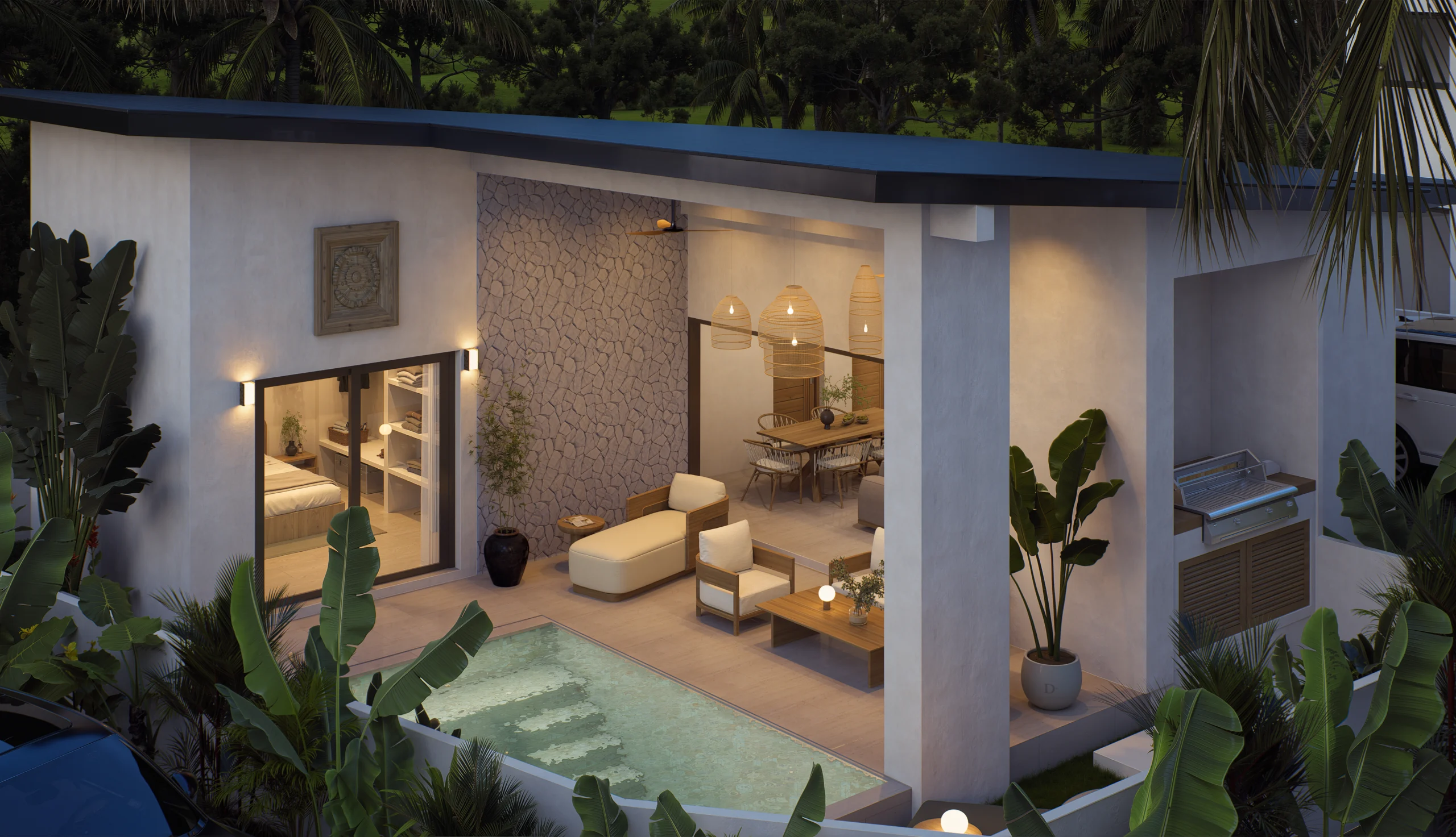 Baan Dao Residence — open-plan living space opening onto the pool at dusk, tropical villa 3D visualization by Noor Haus Design