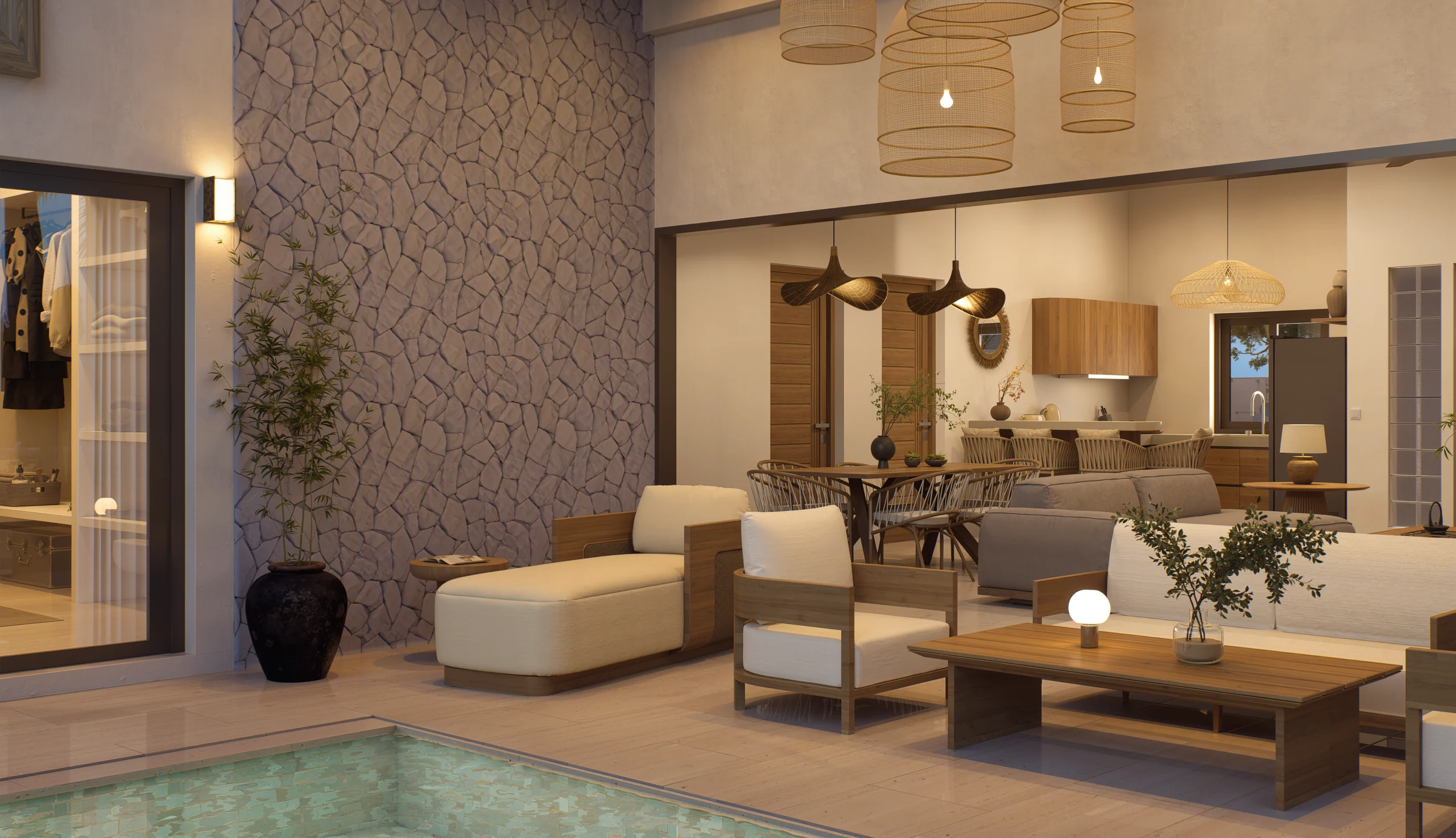 Baan Dao Residence — living and dining area seen from the pool terrace, tropical villa 3D visualization by Noor Haus Design