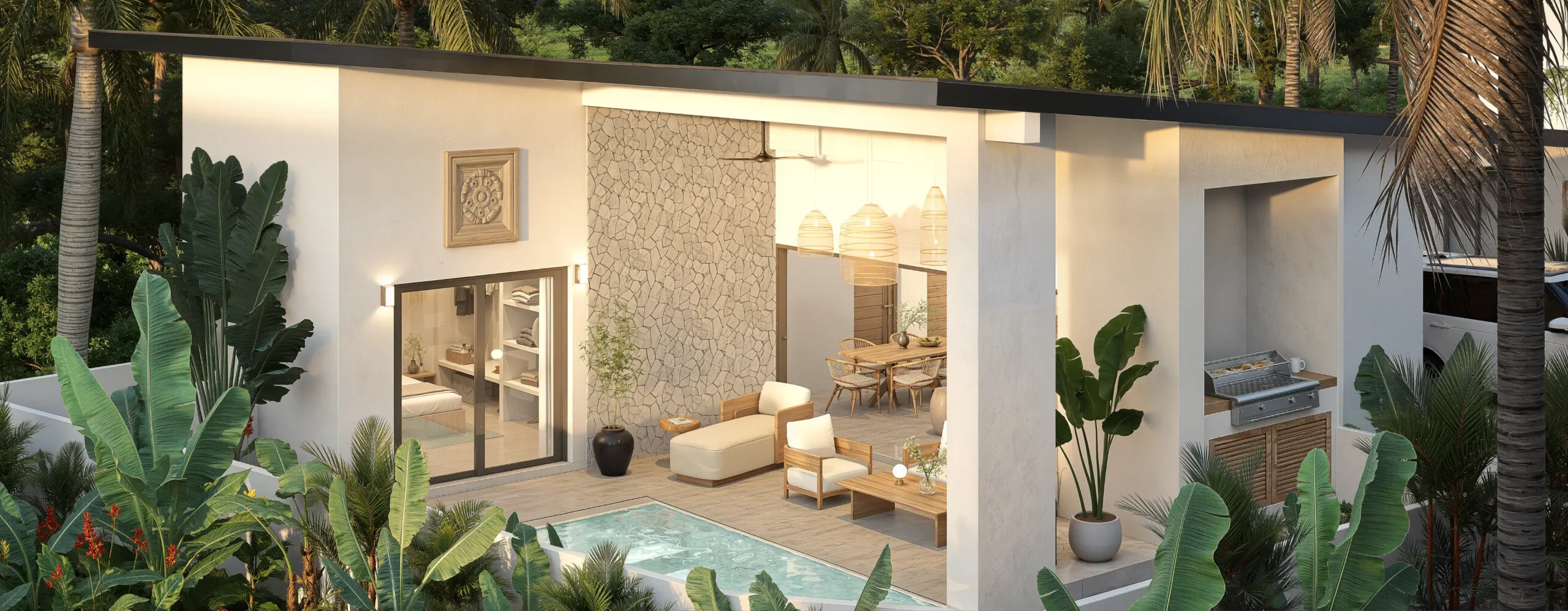 Baan Dao Residence — living space opening onto the pool through full-height glazing — architectural 3D visualization by Noor Haus Design