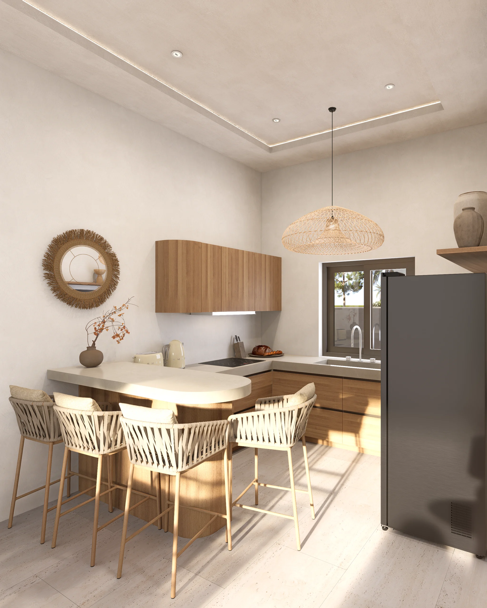 Baan Dao Residence — kitchen with timber cabinetry and woven pendant light, tropical villa 3D visualization by Noor Haus Design
