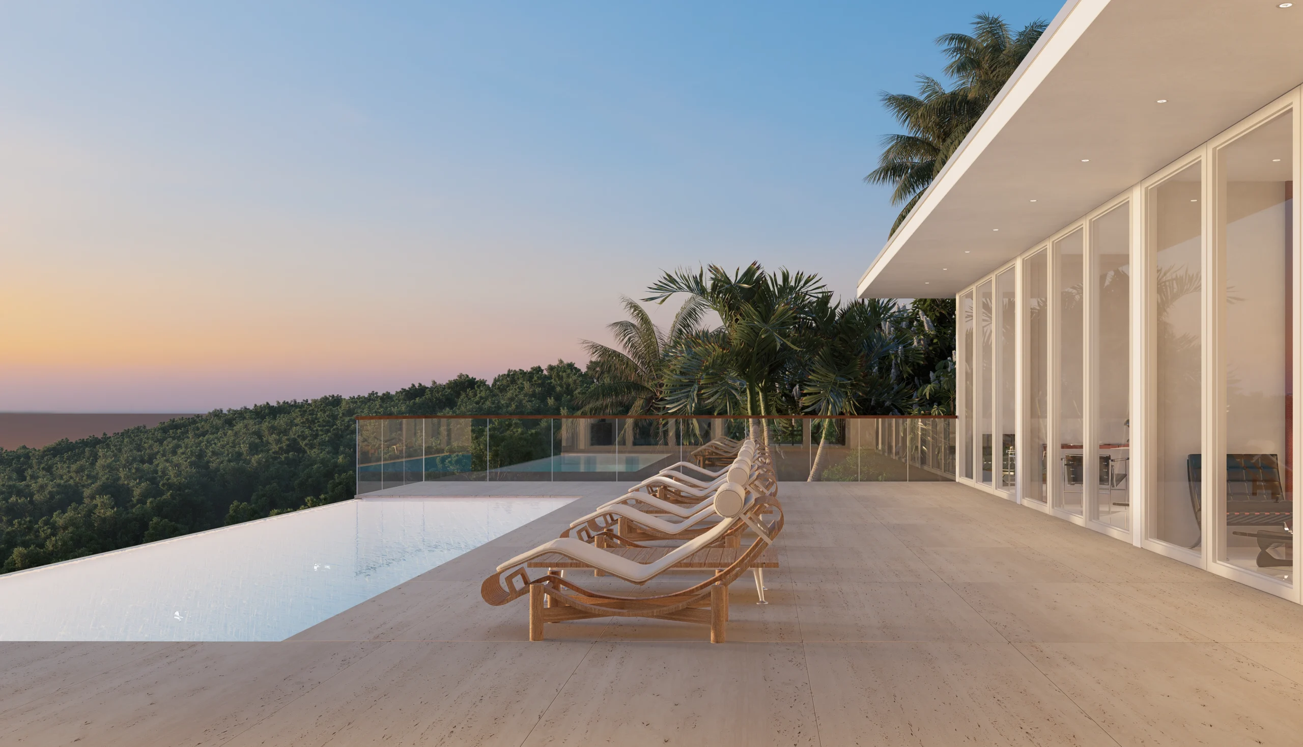 Infinity pool terrace of a contemporary tropical villa at dusk — architectural 3D visualization